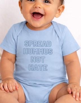 Spread Hummus Not Hate Baby Onesie Funny Jewish Infant Bodysuit, Foodie Humor Baby Shower Gift
