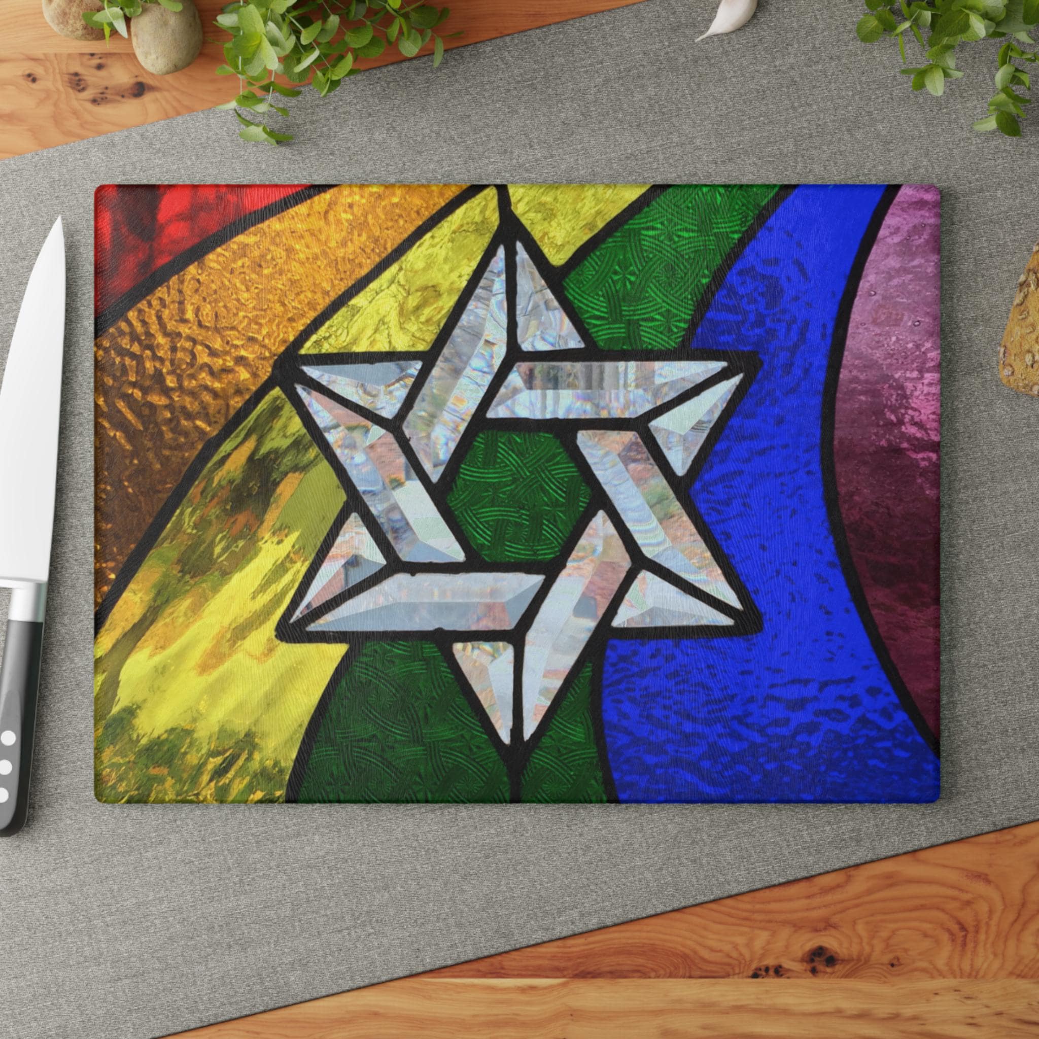 Rainbow Pride Challah Board, Stained Glass Star of David Shabbat Plate