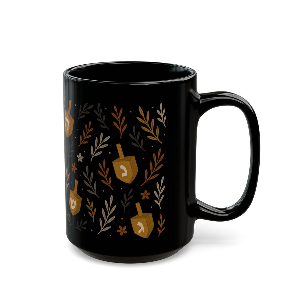 Floral Dreidel Mug, Black Ceramic Hanukkah Coffee Cup (11oz or 15oz)