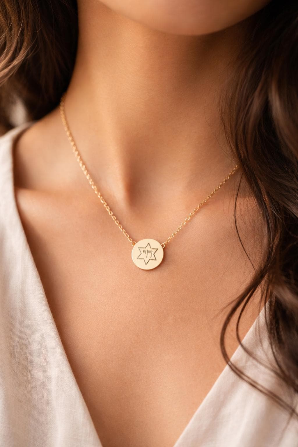 Star of David Chai Circle Necklace, Engraved Stainless Steel Pendant, Jewish Jewelry