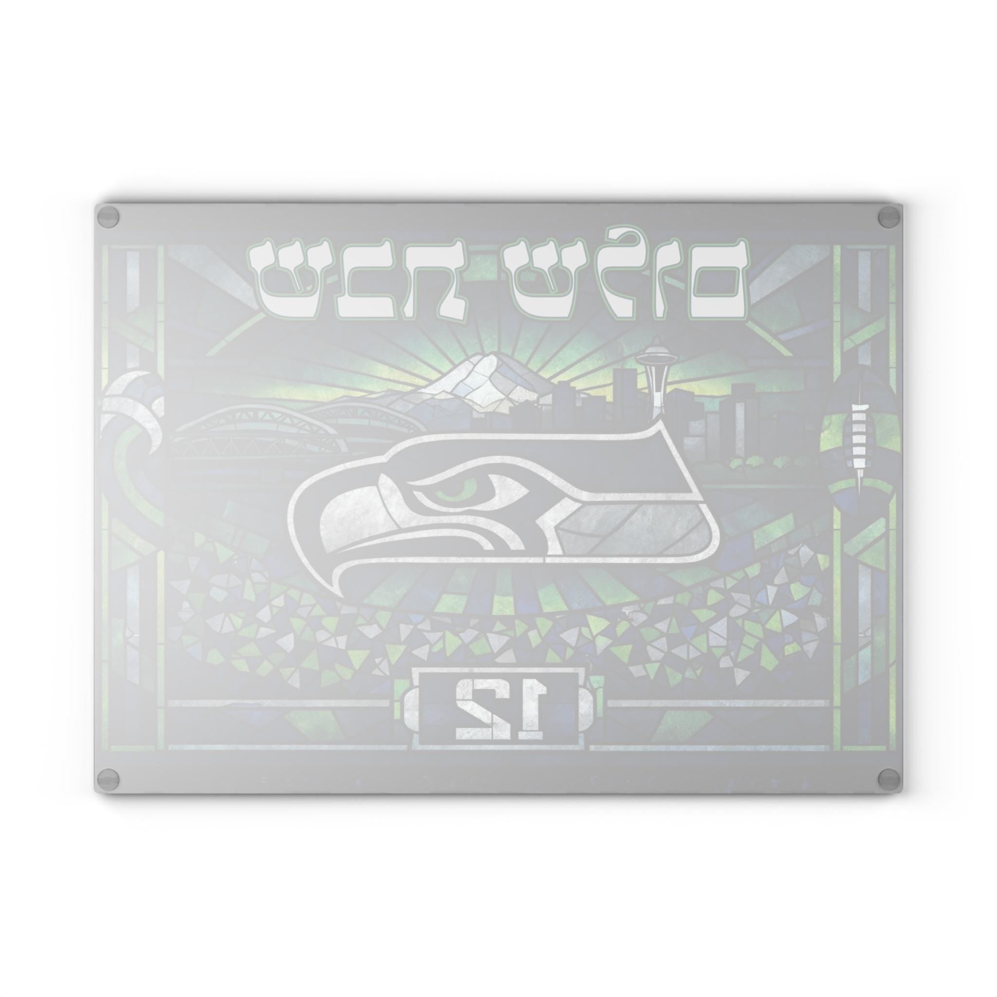 Seattle Seahawks Challah Board, Stained Glass Style Tempered Glass Judaica Tray