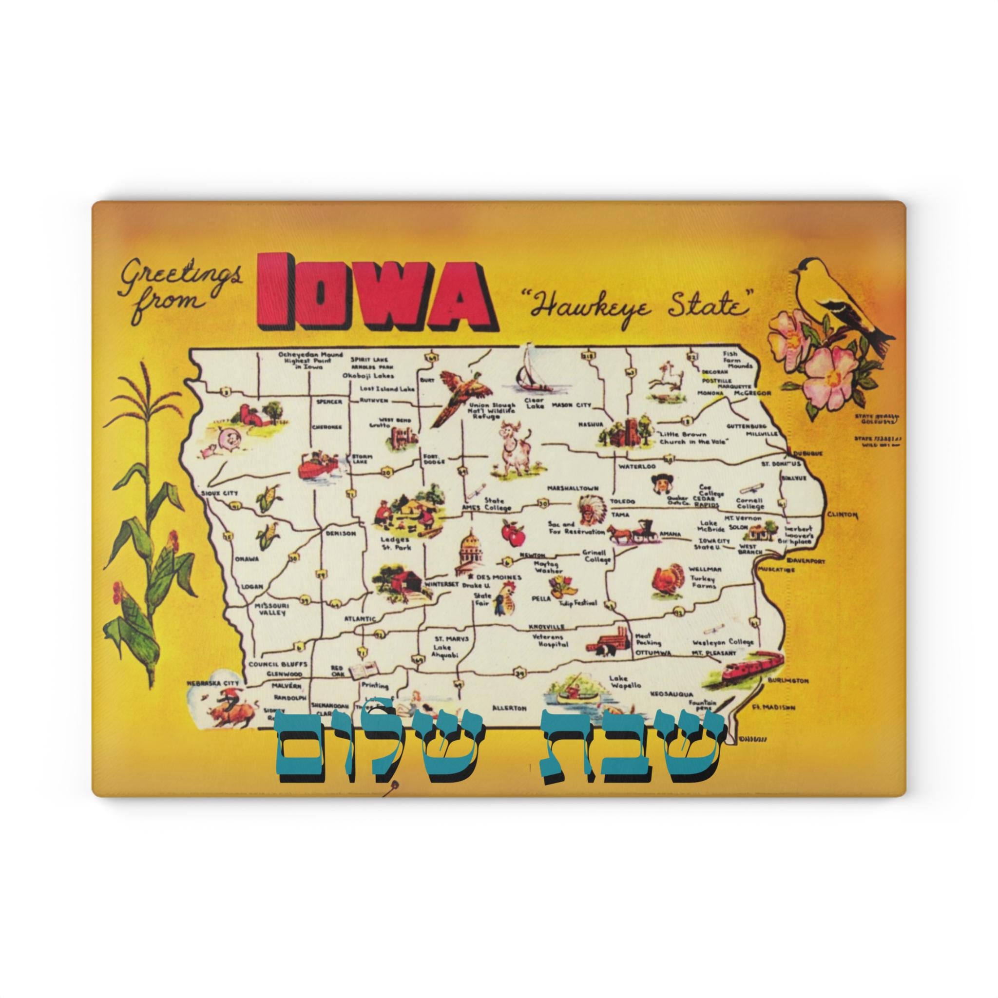 Iowa Challah Board, Vintage Map Tempered Glass Tray, Judaica Wedding Gift