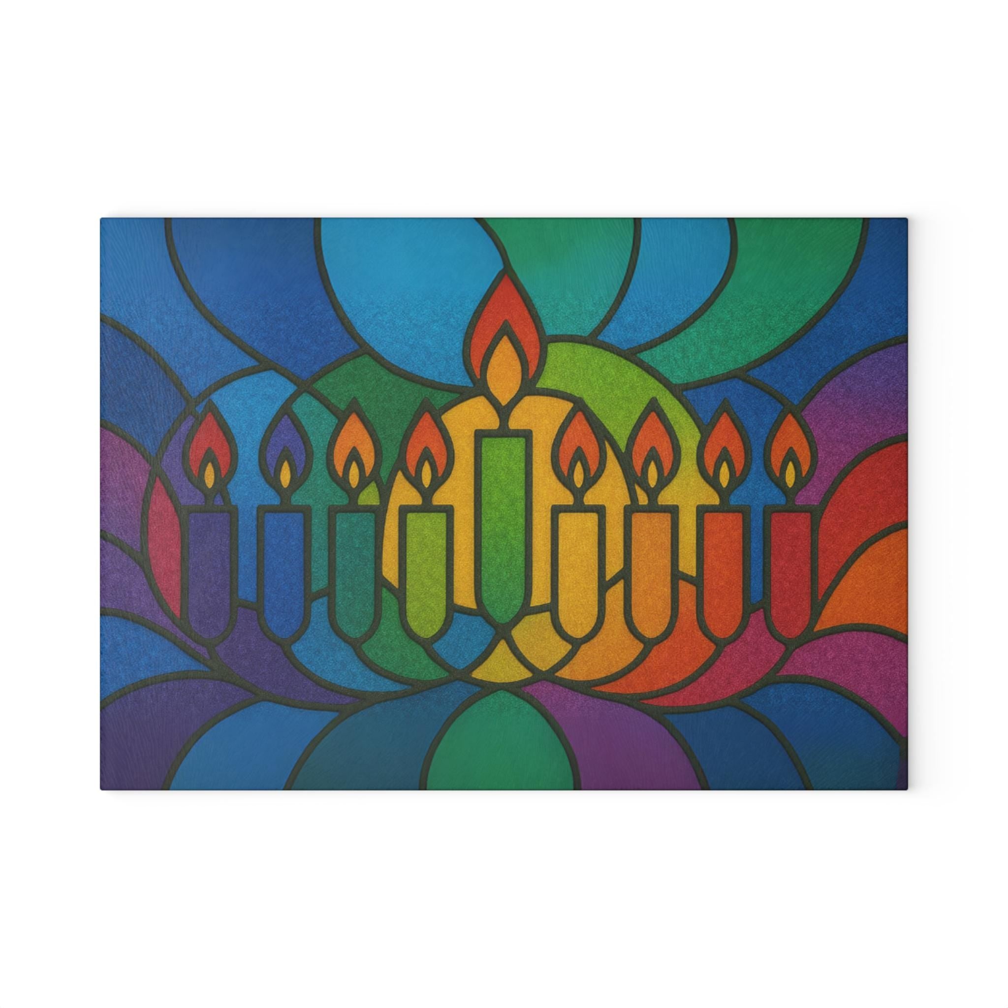Rainbow Stained Glass Hanukkah Menorah Drip Tray, Tempered Glass Wax Catcher