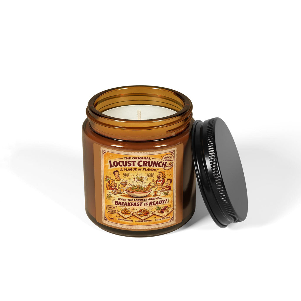 Locust Crunch Soy Candle, Vintage Passover Label, Amber Glass Judaica Home Fragrance