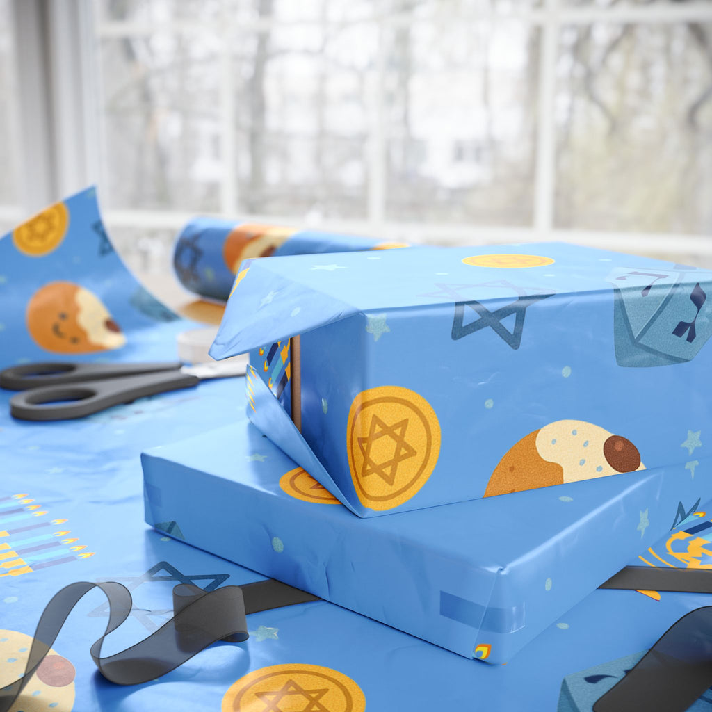 Blue Hanukkah Wrapping Paper Roll, Jewish Gift Wrap for Hanukkah Party Decor, Modern Judaica Present Wrap, Hostess Gift Packaging