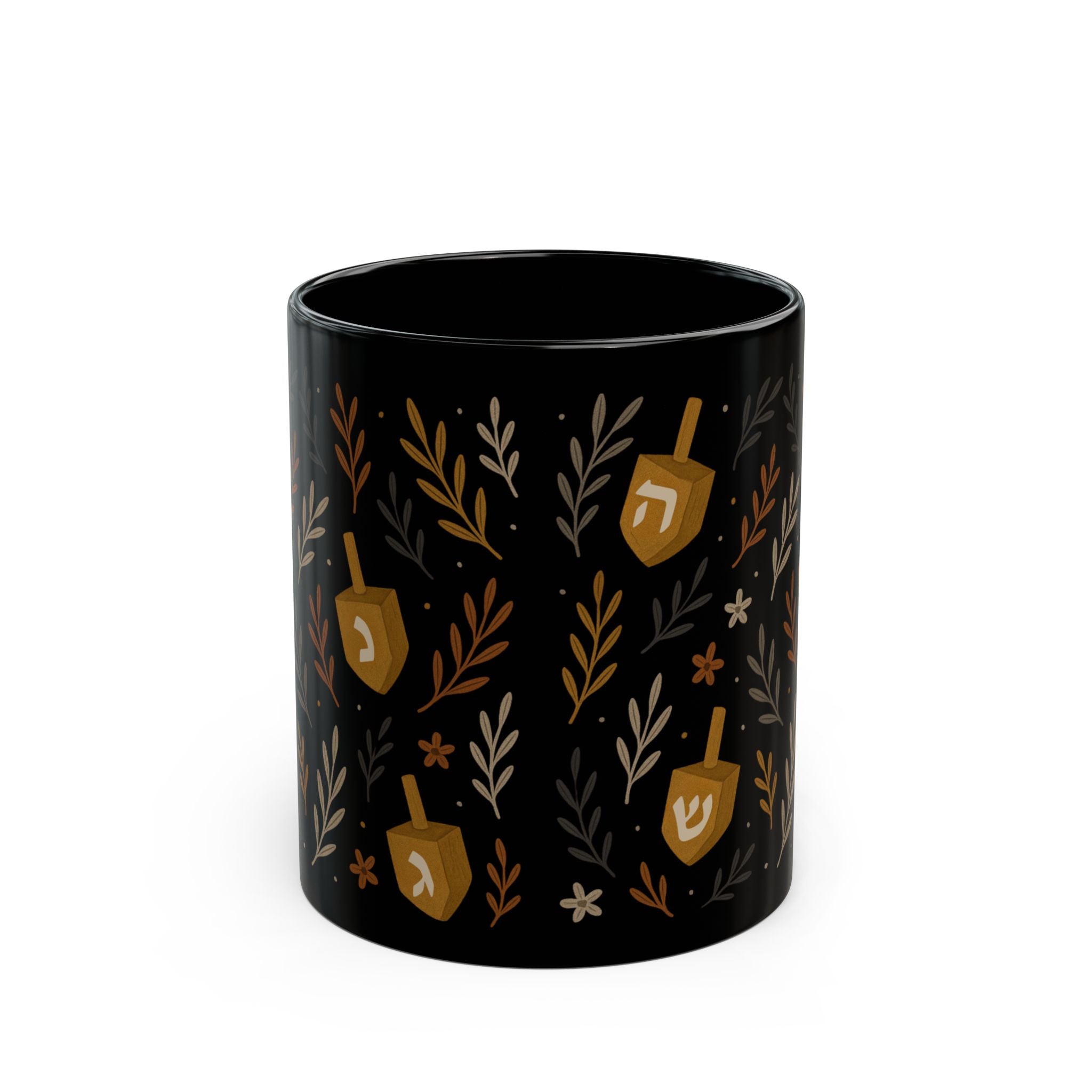 Jewish Dreidel Floral Mug Black Hanukkah Coffee Cup, 11oz or 15oz Ceramic Tea Mug Gift for Jewish Women