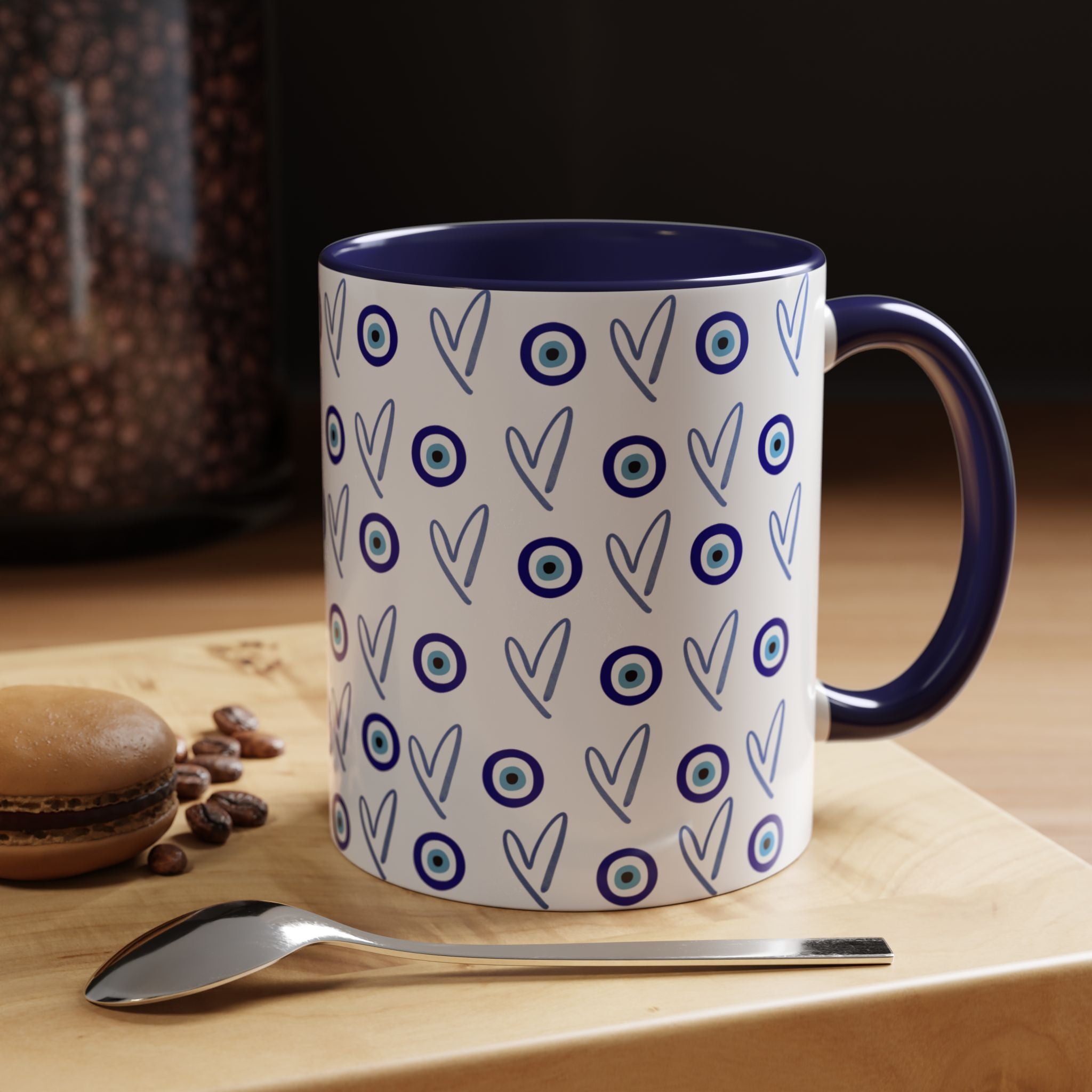 Evil Eye Heart Coffee Mug, Blue Ceramic Tea Cup, Jewish Kitchen Gift, Modern Judaica Drinkware, 11oz 15oz