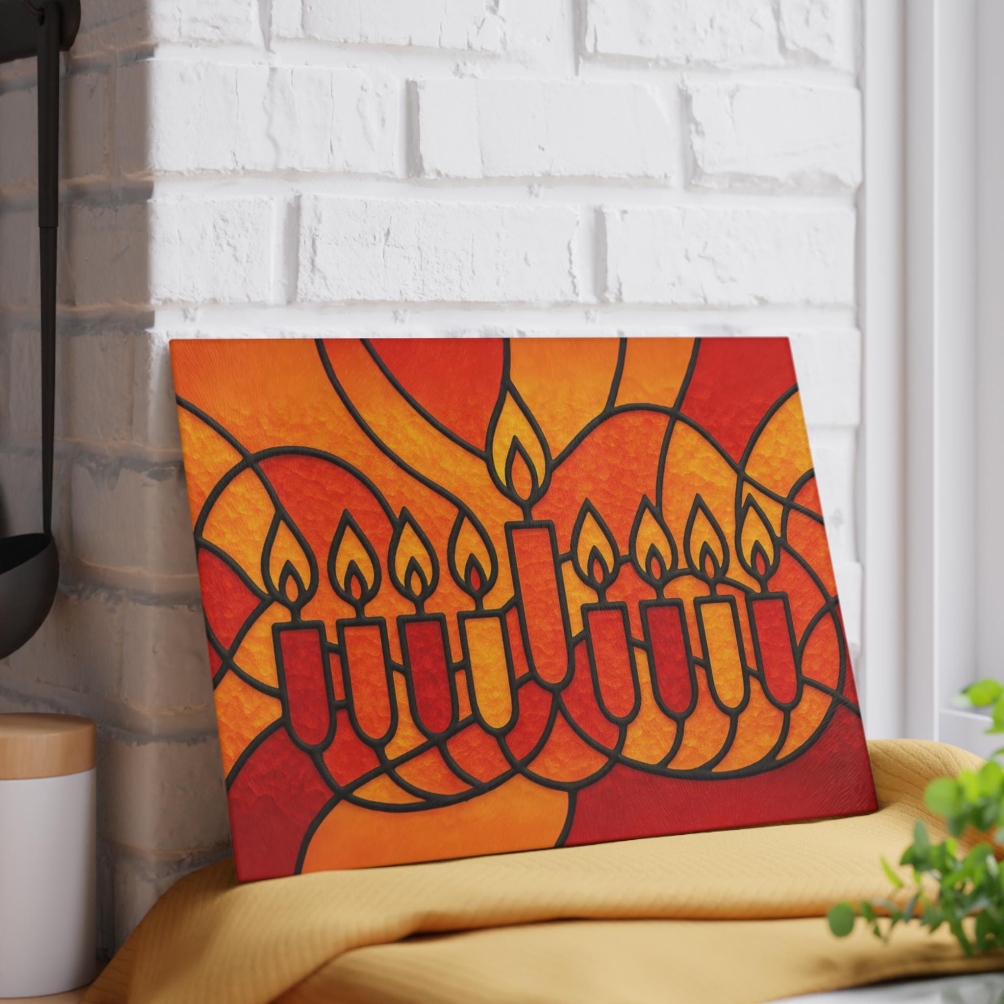 Orange Stained Glass Hanukkah Menorah Drip Tray, Tempered Glass Wax Catcher (8x11