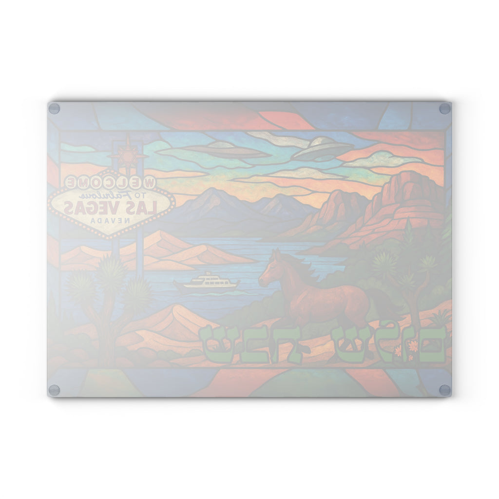 Nevada Challah Board 15x11 Tempered Glass Shabbat Tray, Las Vegas Sign Judaica Gift, Desert Jewish Wedding or Housewarming