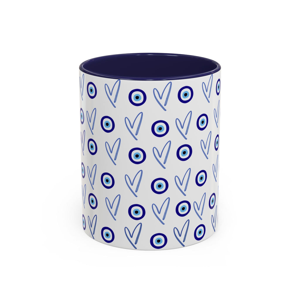 Evil Eye Heart Coffee Mug, Blue Ceramic Tea Cup, Jewish Kitchen Gift, Modern Judaica Drinkware, 11oz 15oz
