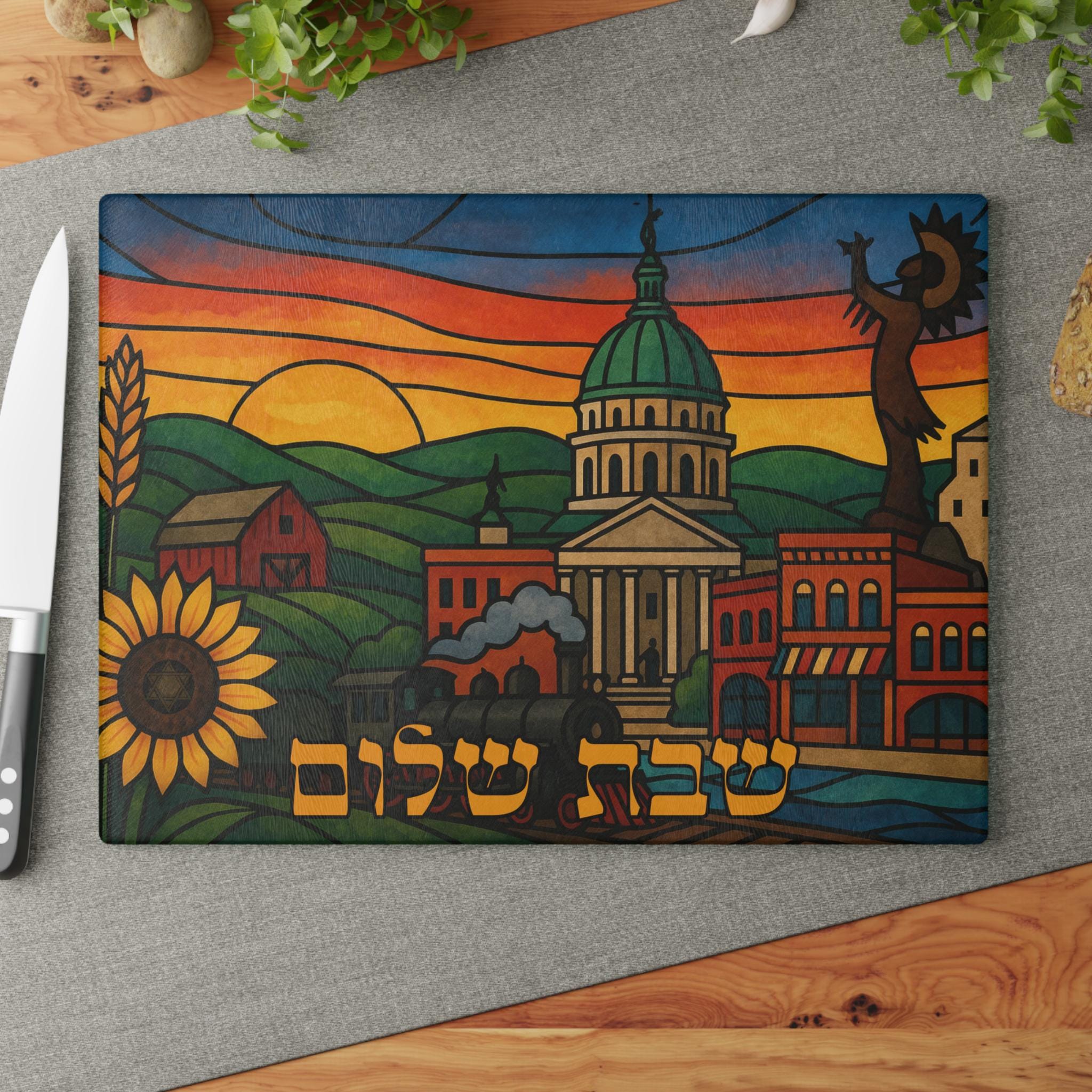 Kansas Stained Glass Challah Board, Shabbat Plate, Sunflower Prairie Art