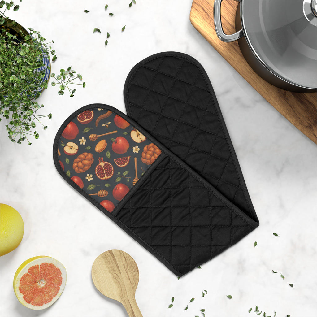 Rosh Hashanah Oven Mitts Apples Honey Pomegranates Judaica, Heat Resistant Baking Gloves, Jewish Holiday Kitchen Gift