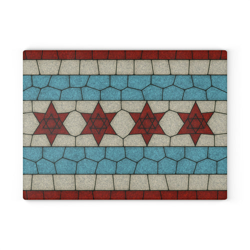 Chicago Flag Challah Board Stained Glass Shabbat Plate, Jewish Chicago Gift with Stars of David, Urban Judaica Art