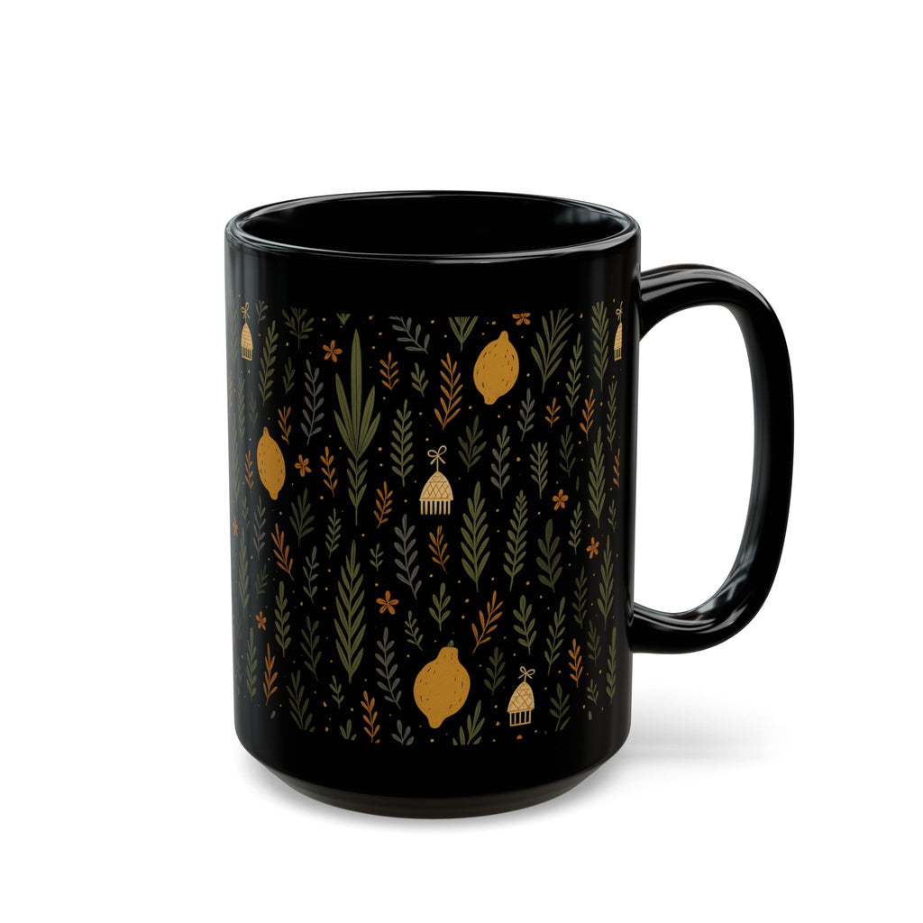 Jewish Sukkot Floral Mug Black Ceramic Coffee Cup, 11oz or 15oz Holiday Tea Mug Gift for Her