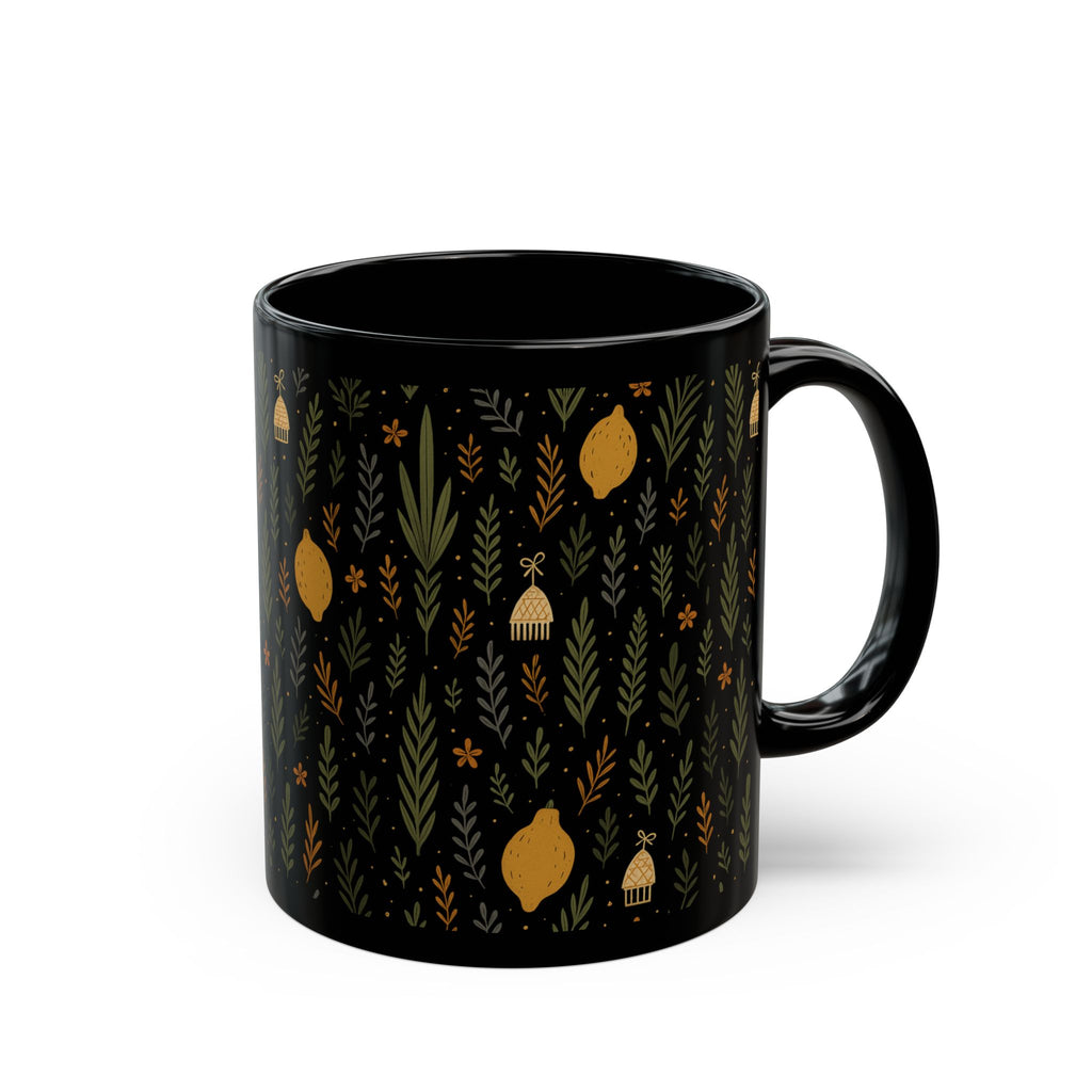 Jewish Sukkot Floral Mug Black Ceramic Coffee Cup, 11oz or 15oz Holiday Tea Mug Gift for Her