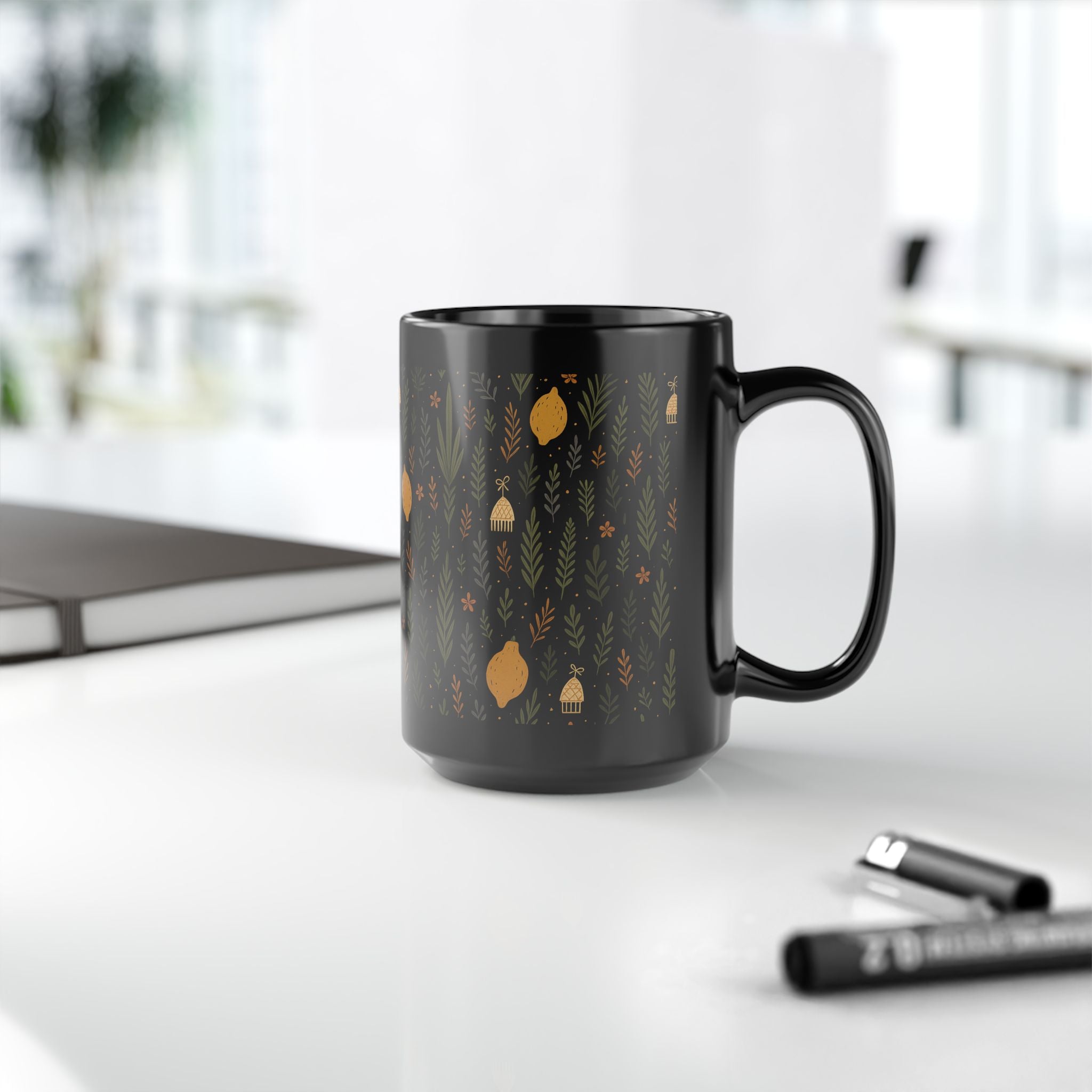 Jewish Sukkot Floral Mug Black Ceramic Coffee Cup, 11oz or 15oz Holiday Tea Mug Gift for Her