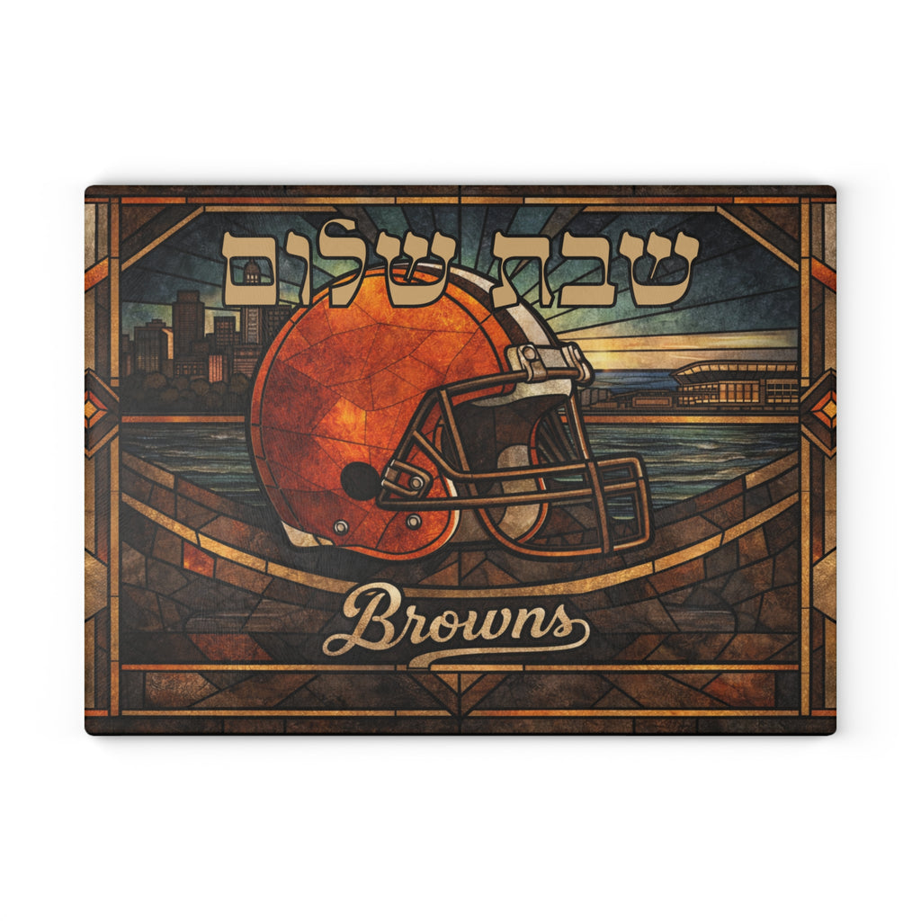 Cleveland Browns Challah Board Stained Glass Style | 15x11 Tempered Glass Shabbat Serving Tray | Jewish Football Fan Gift