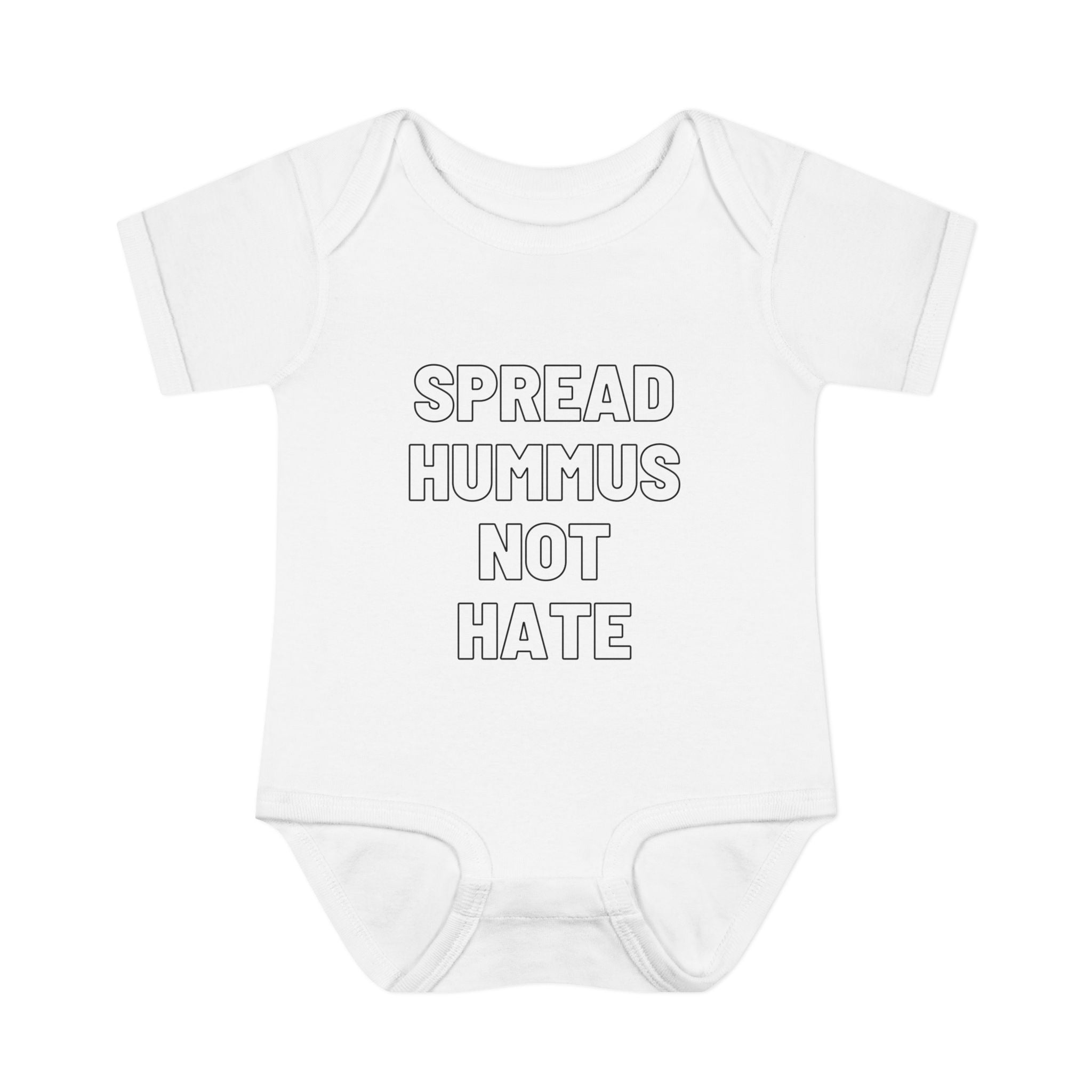 Spread Hummus Not Hate Baby Onesie Funny Jewish Infant Bodysuit, Foodie Humor Baby Shower Gift