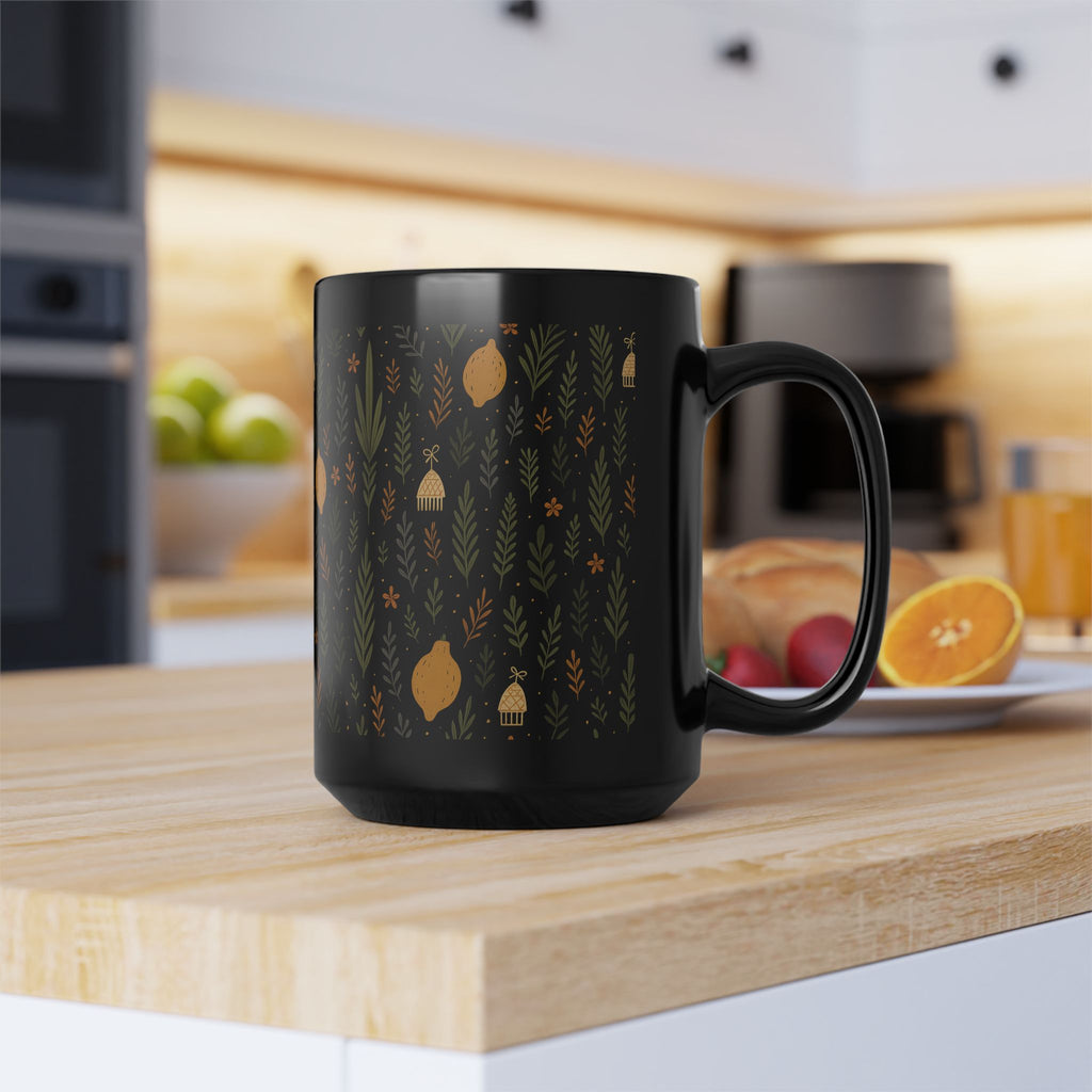 Jewish Sukkot Floral Mug Black Ceramic Coffee Cup, 11oz or 15oz Holiday Tea Mug Gift for Her