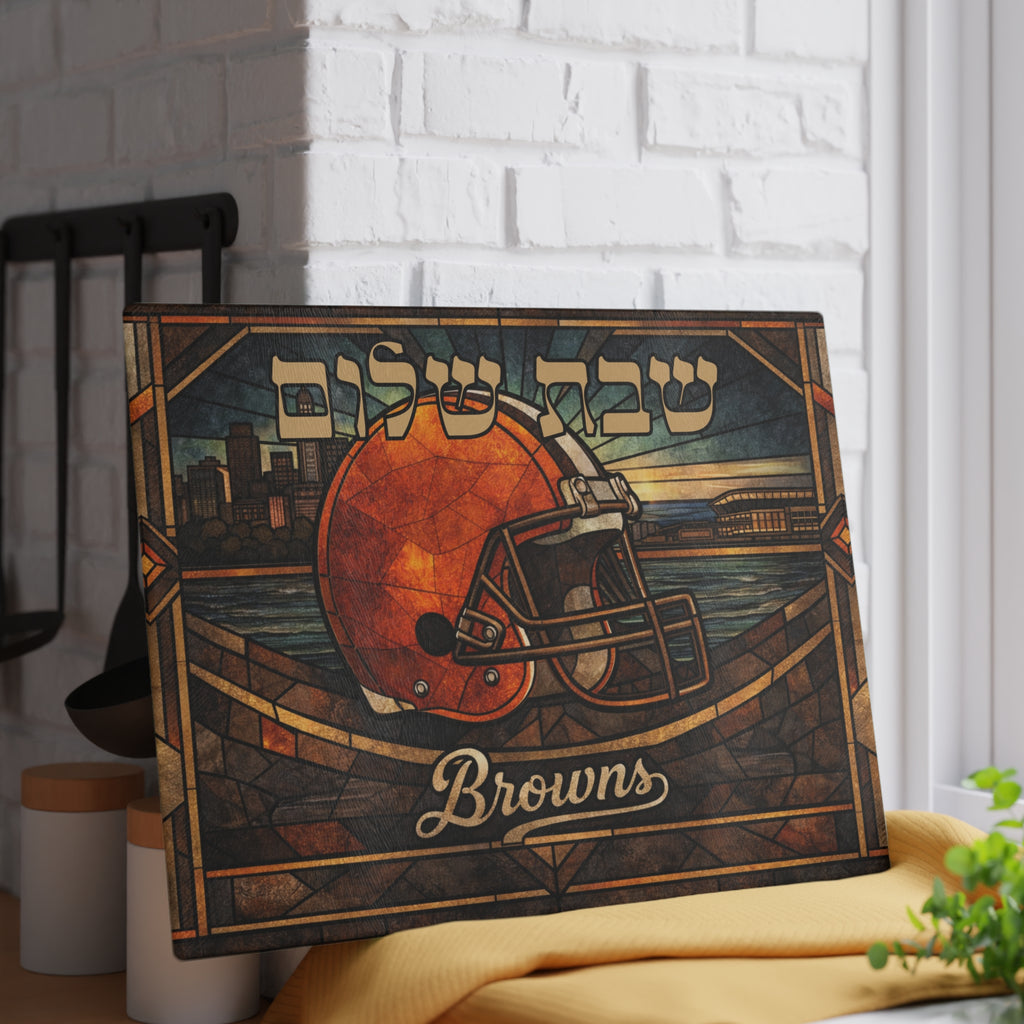 Cleveland Browns Challah Board Stained Glass Style | 15x11 Tempered Glass Shabbat Serving Tray | Jewish Football Fan Gift