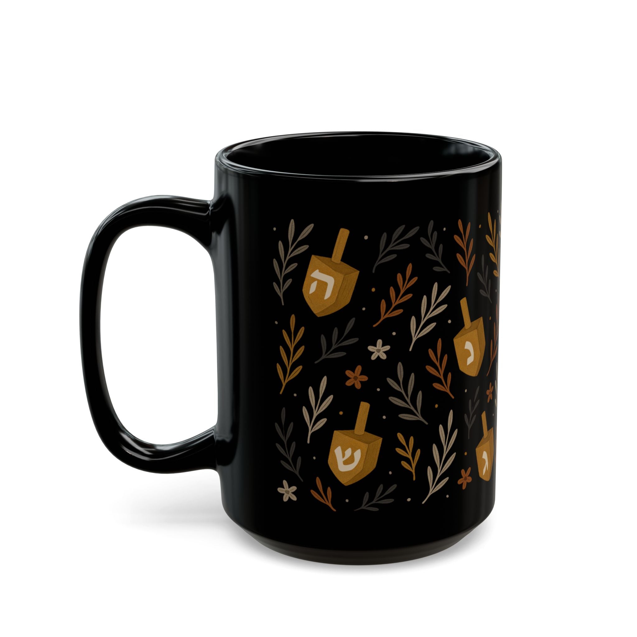 Jewish Dreidel Floral Mug Black Hanukkah Coffee Cup, 11oz or 15oz Ceramic Tea Mug Gift for Jewish Women