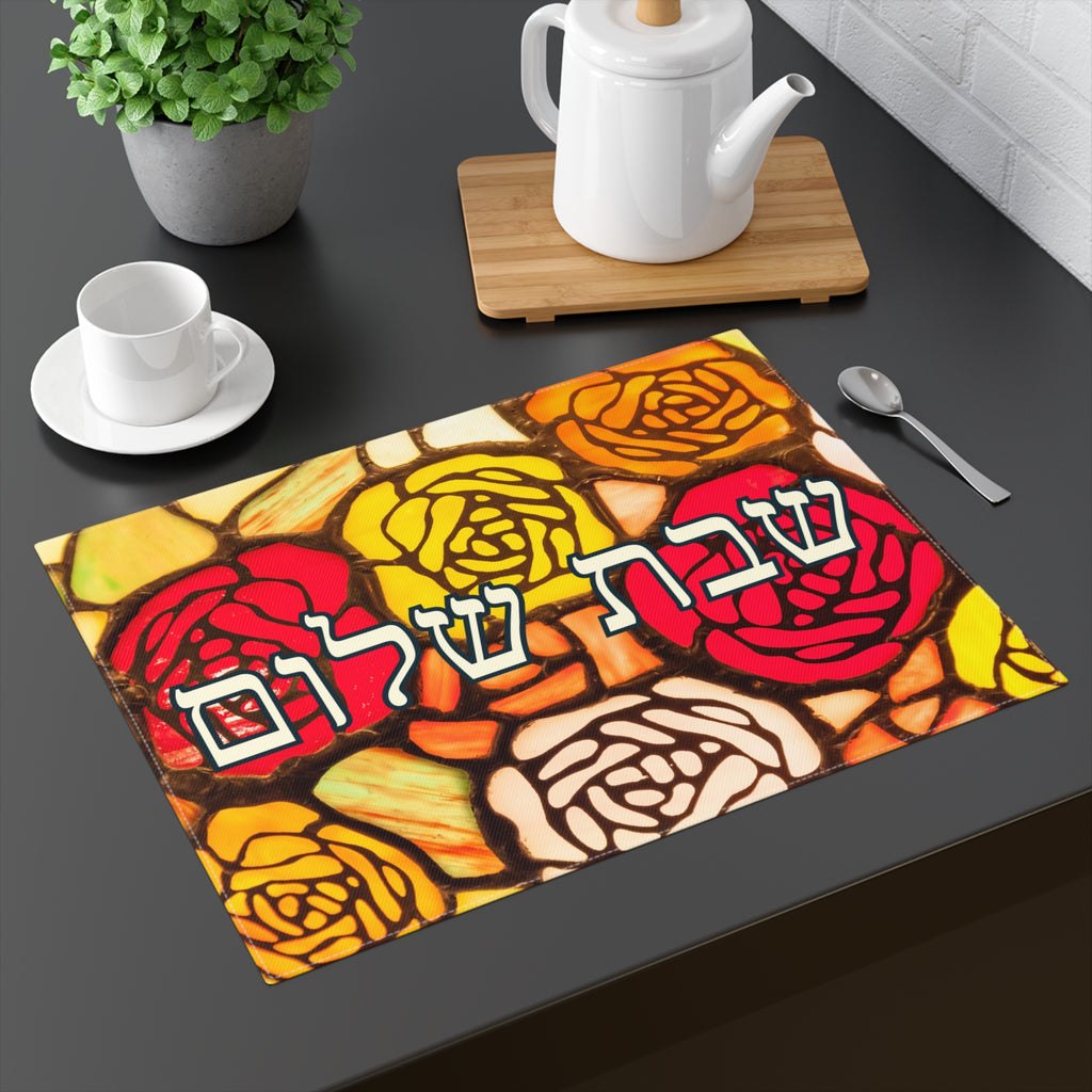 Rose Shabbat Shalom Challah Cover | Floral Hebrew Judaica | Stained Glass Style Fabric Cover | Shabbat Table Decor