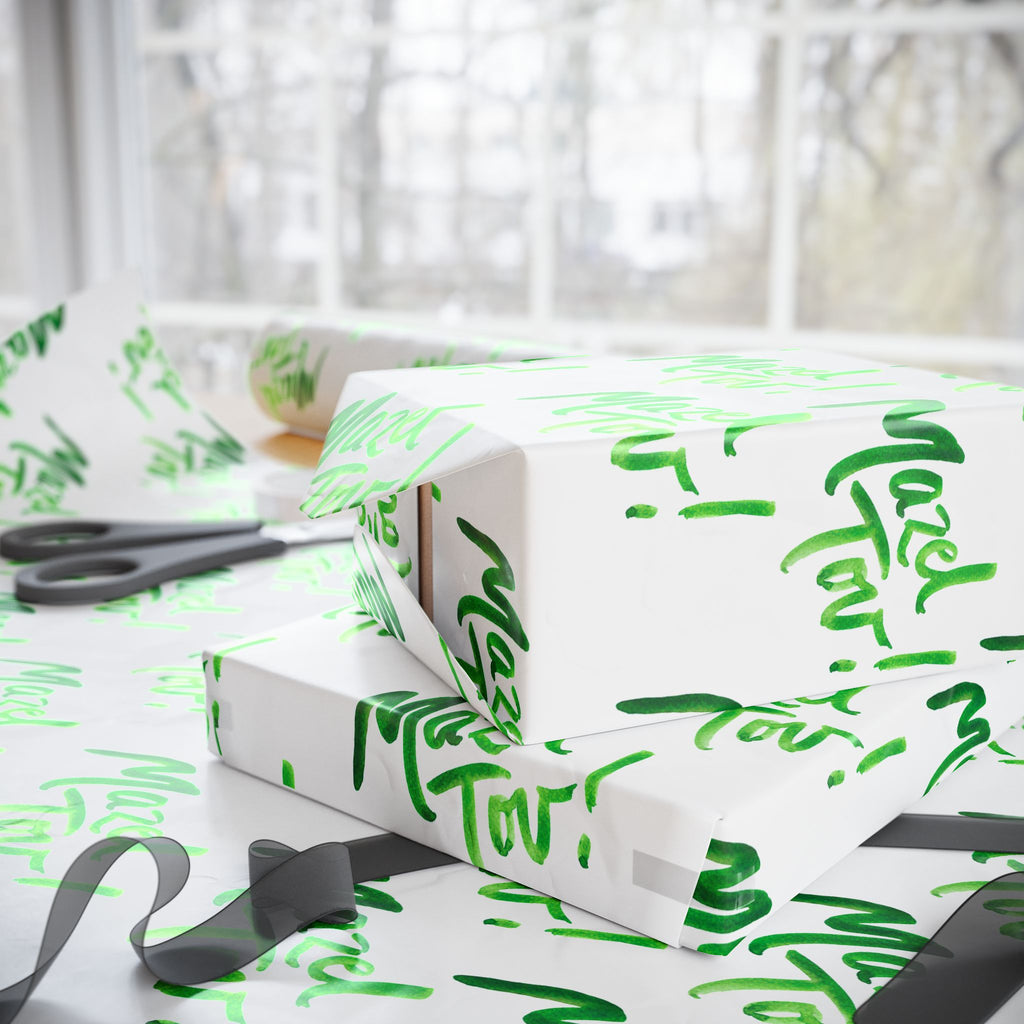 White and Green Mazel Tov Wrapping Paper Roll, Jewish Gift Wrap for Wedding Bar Mitzvah Engagement, Modern Simcha Present Wrap