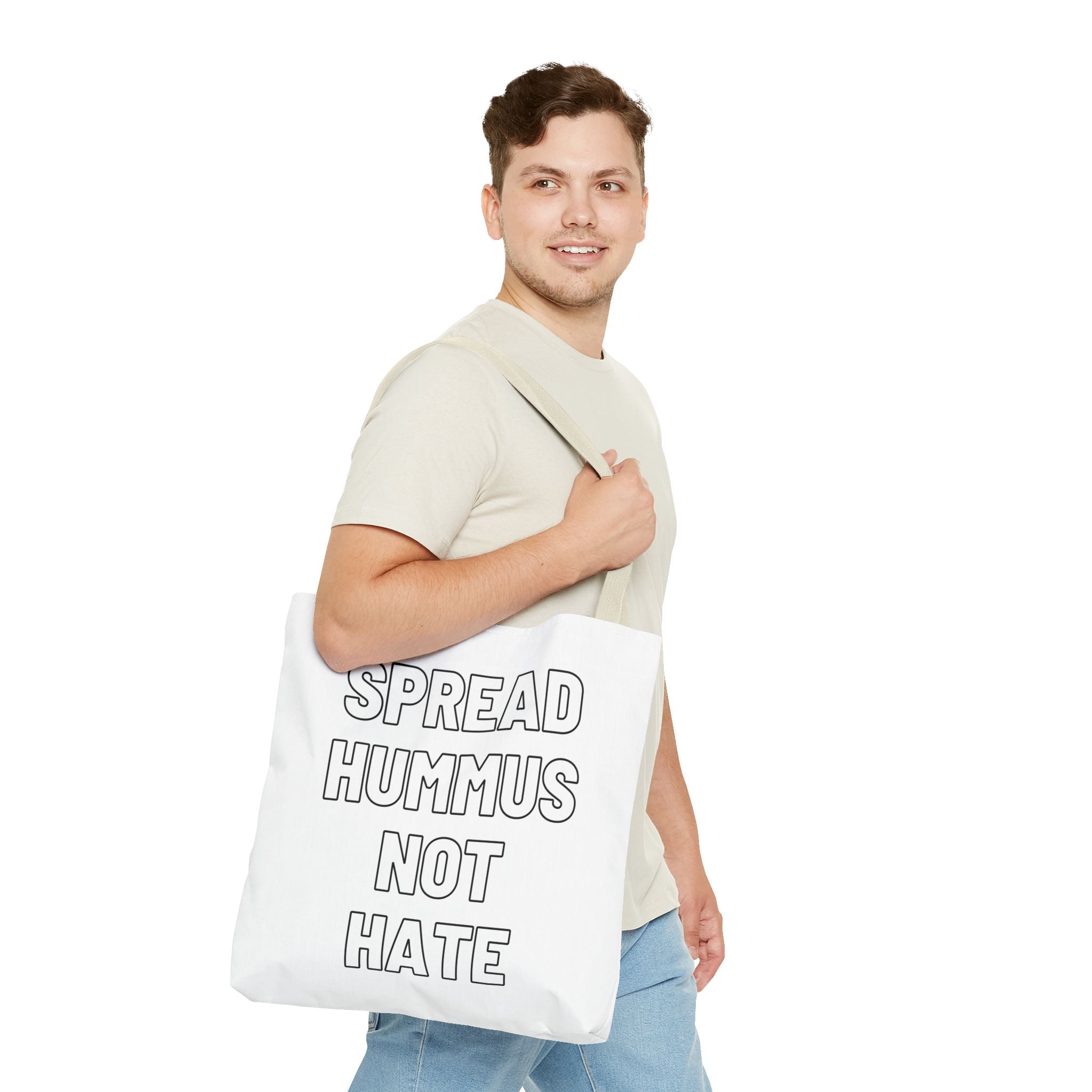 Spread Hummus Not Hate Tote Bag, Funny Vegan Reusable Grocery Bag, Gift for Foodies and Activists, Middle Eastern Food Lover