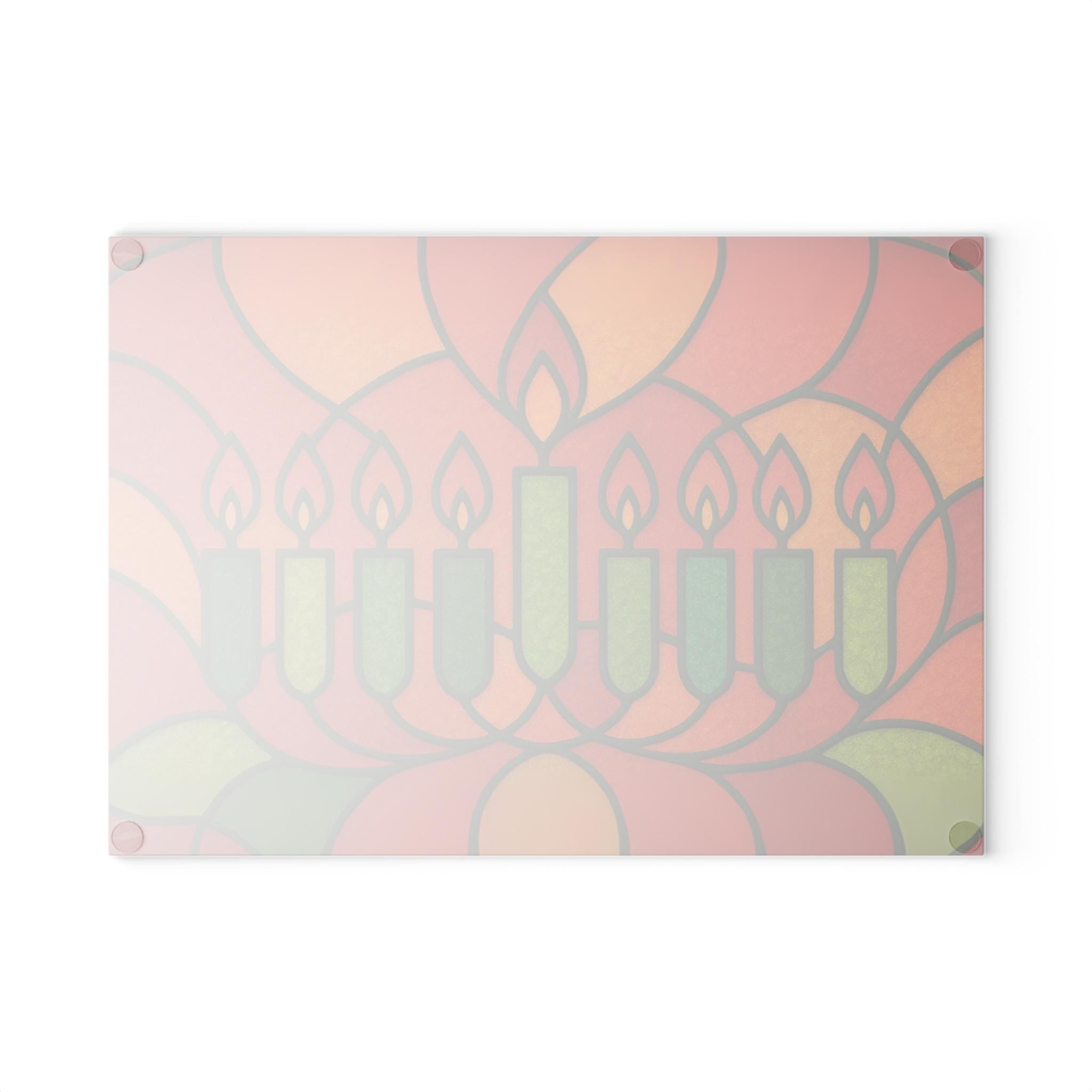Stained Glass Style Hanukkah Menorah Drip Tray, Tempered Glass Judaica (8x11" )