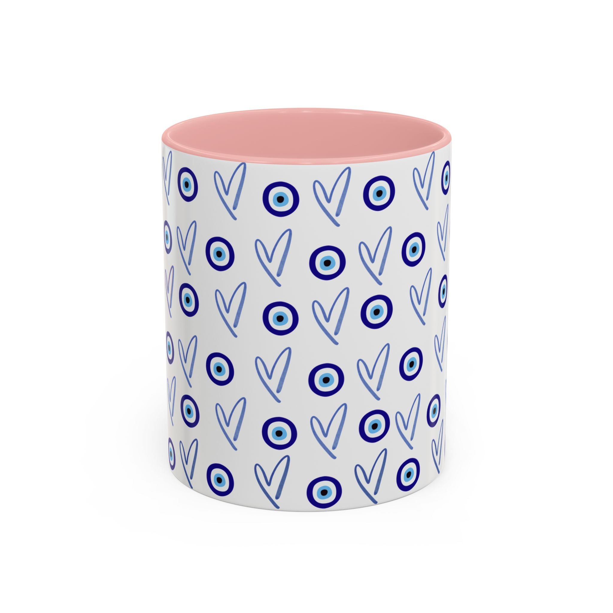 Evil Eye Heart Coffee Mug, Blue Ceramic Tea Cup, Jewish Kitchen Gift, Modern Judaica Drinkware, 11oz 15oz