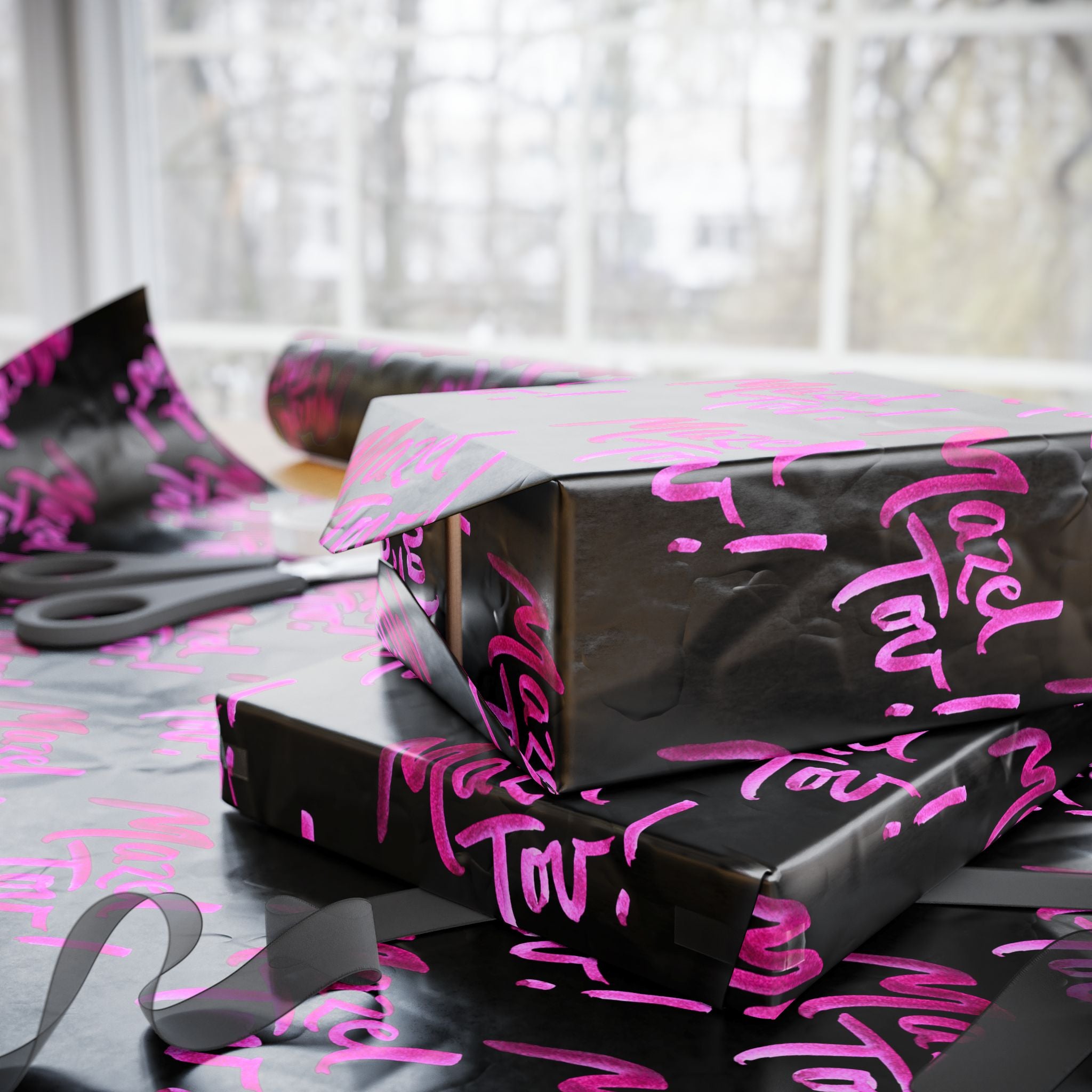 Black and Pink Mazel Tov Wrapping Paper Roll, Jewish Gift Wrap for Bat Mitzvah Baby Girl Naming Wedding, Modern Simcha Present Wrap