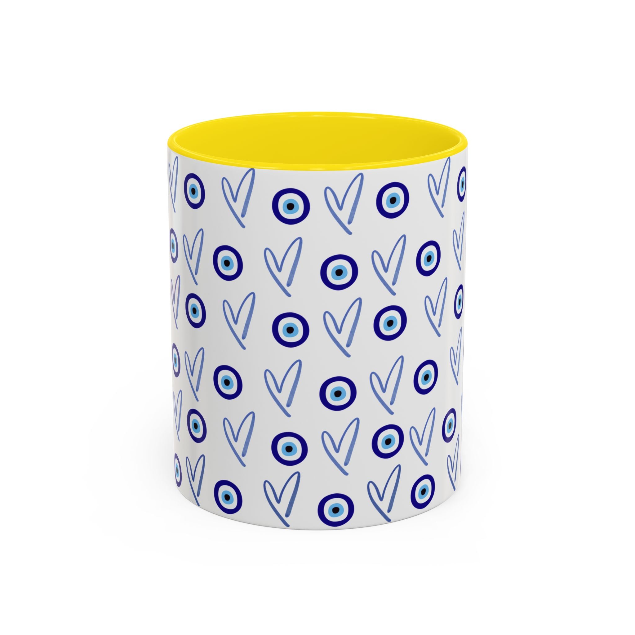 Evil Eye Heart Coffee Mug, Blue Ceramic Tea Cup, Jewish Kitchen Gift, Modern Judaica Drinkware, 11oz 15oz