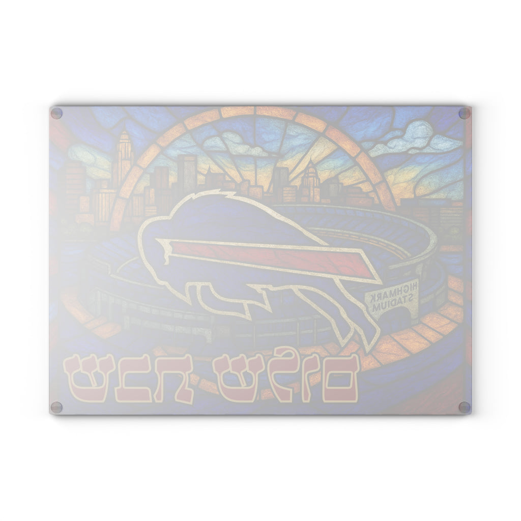 Buffalo Bills Challah Board Stained Glass Shabbat Tray, Tempered Glass Judaica with Stadium Skyline, Jewish Football Gift