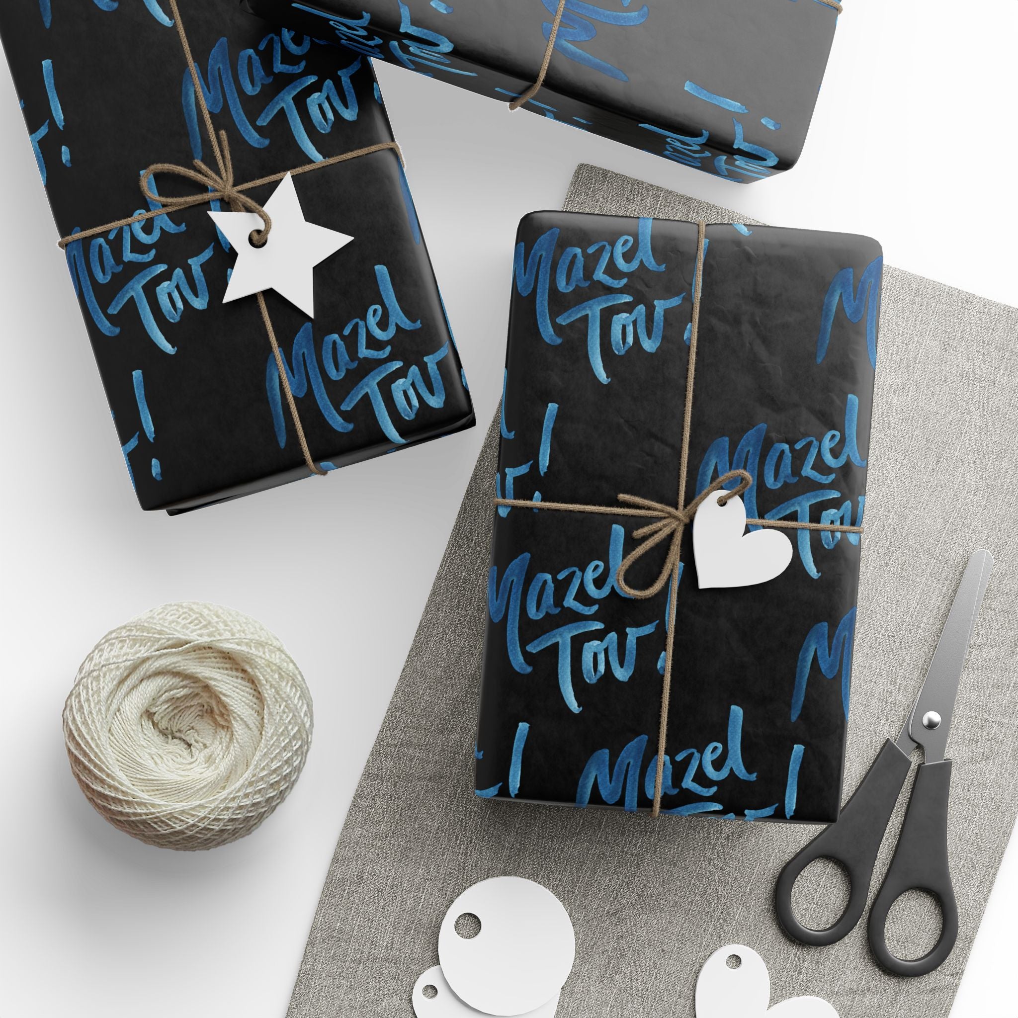 Black Mazel Tov Wrapping Paper Roll, Jewish Gift Wrap for Wedding Bar Mitzvah Bat Mitzvah, Modern Judaica Simcha Present Wrap
