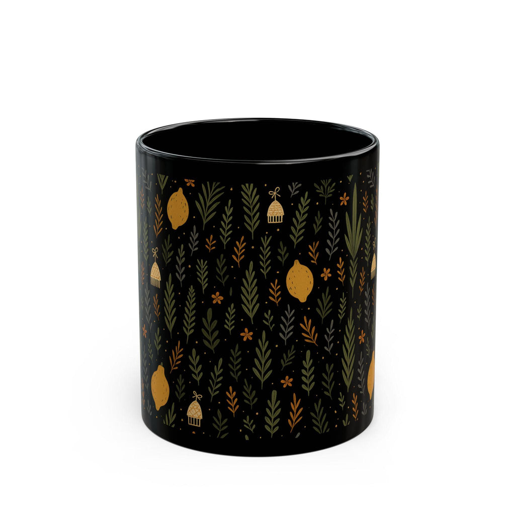 Jewish Sukkot Floral Black Ceramic Mug, Fall Holiday Tea Cup (11oz or 15oz)