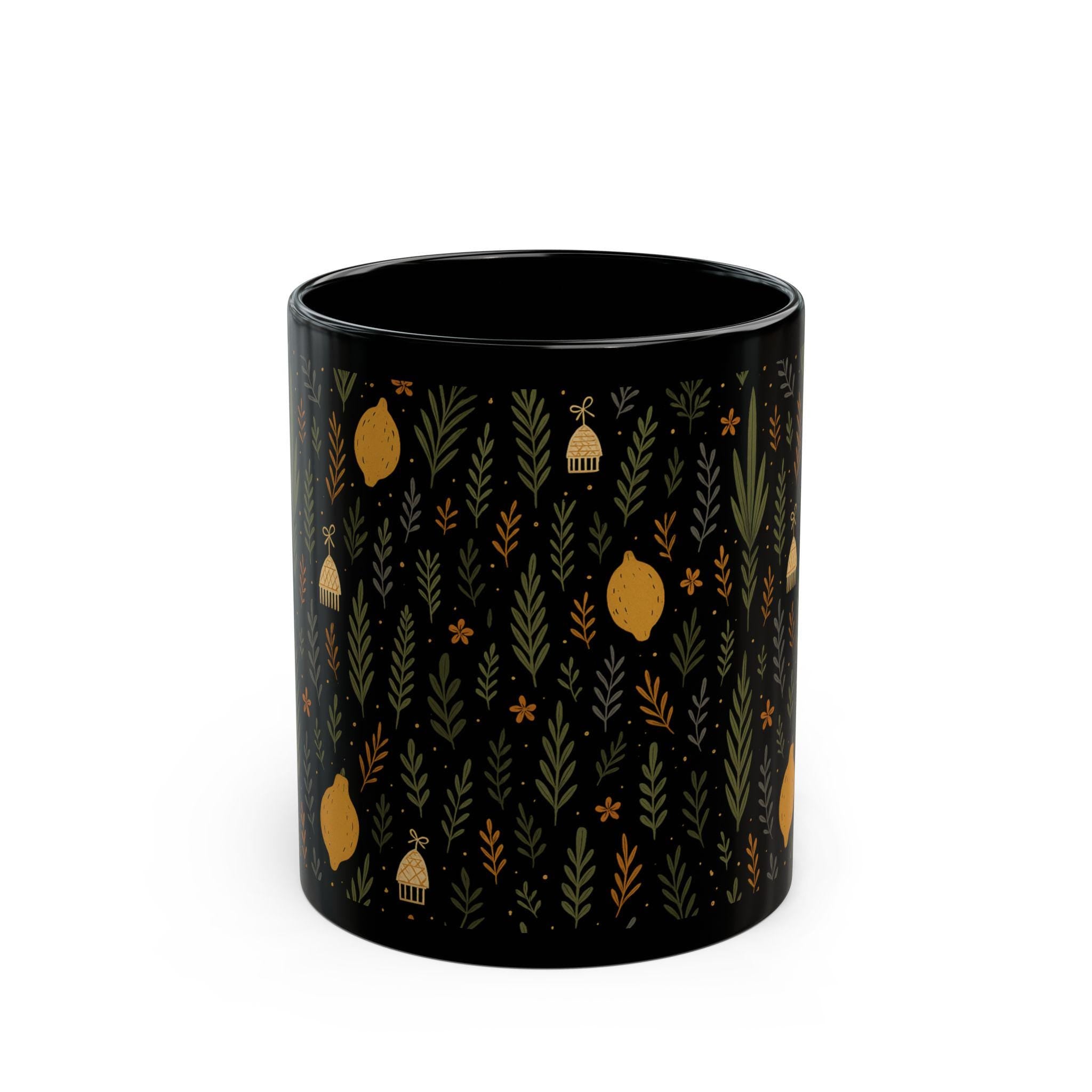 Jewish Sukkot Floral Black Ceramic Mug, Fall Holiday Tea Cup (11oz or 15oz)