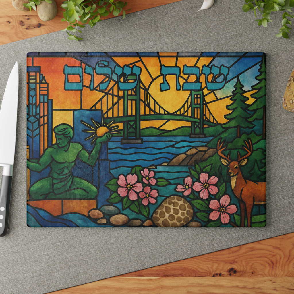 Michigan Challah Board Stained Glass Shabbat Tray, 11x15 Glass Judaica with Mackinac Bridge, Jewish Michigan Gift