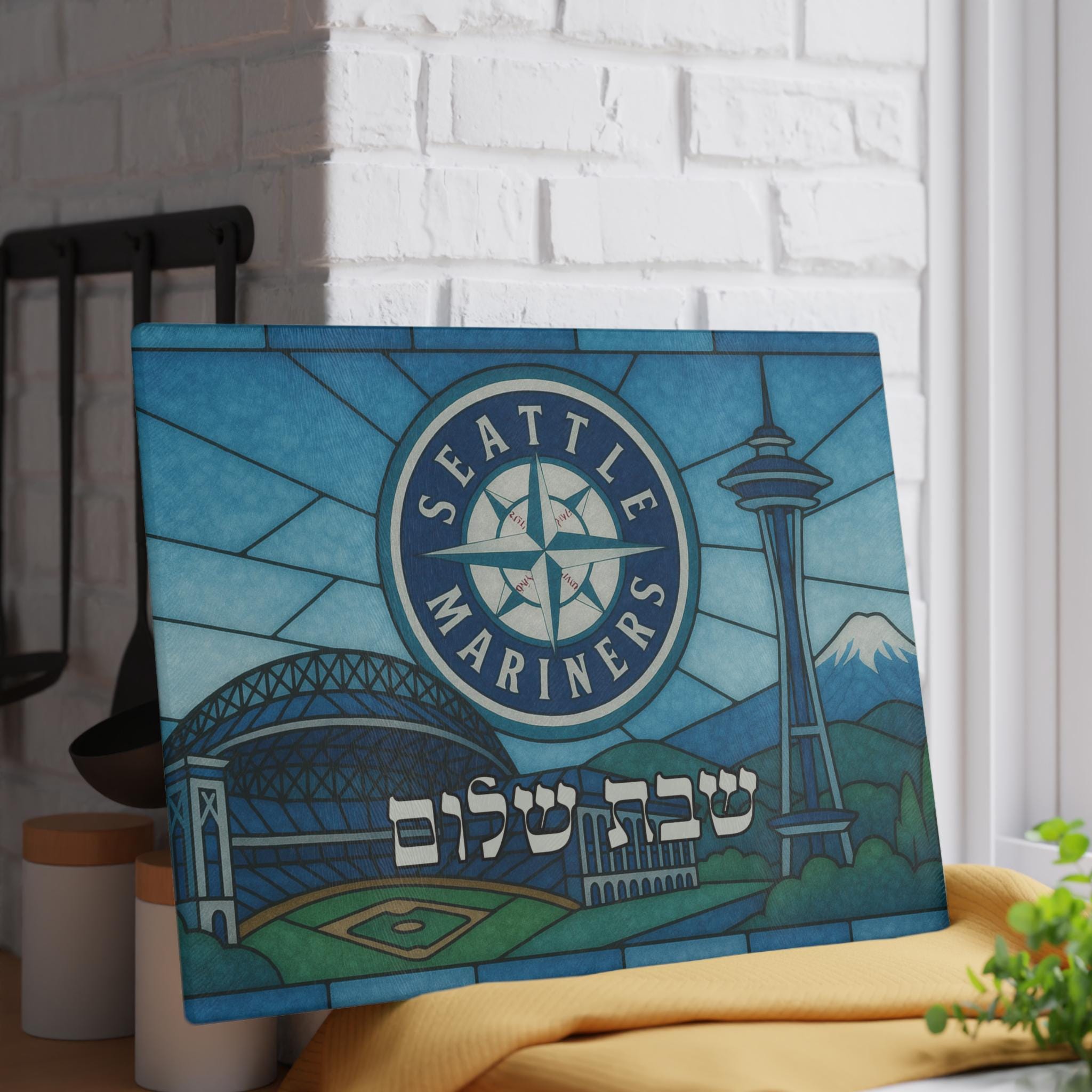 Seattle Mariners Challah Board, Stained Glass Shabbat Tray (15x11 inches)