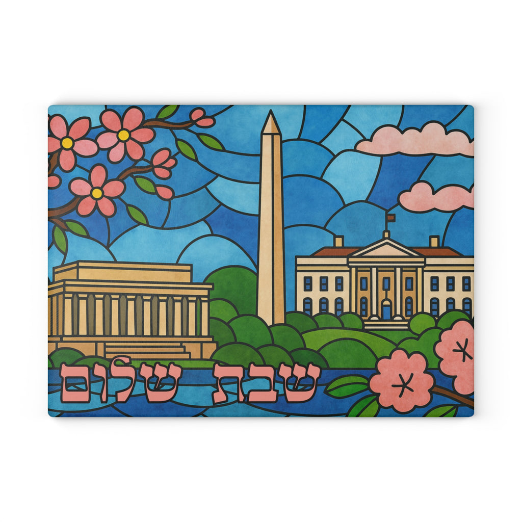 Washington DC Challah Board Glass, Stained Glass Shabbat Shalom Tray with Cherry Blossoms and Monuments