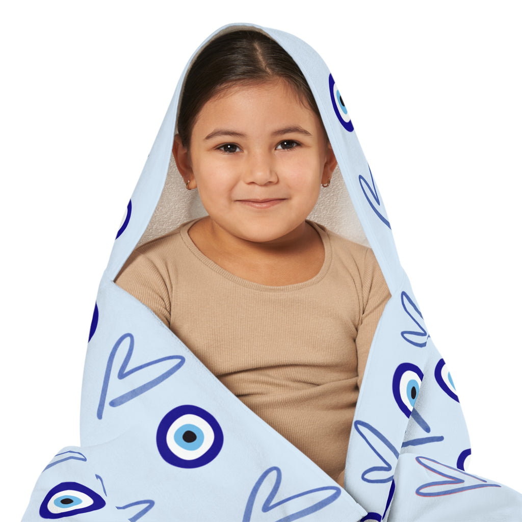 Jewish Evil Eye Hooded Towel for Kids, blue Heart Bath Towel, Pool Beach Towel, Jewish Baby Gift,  Swim Towel