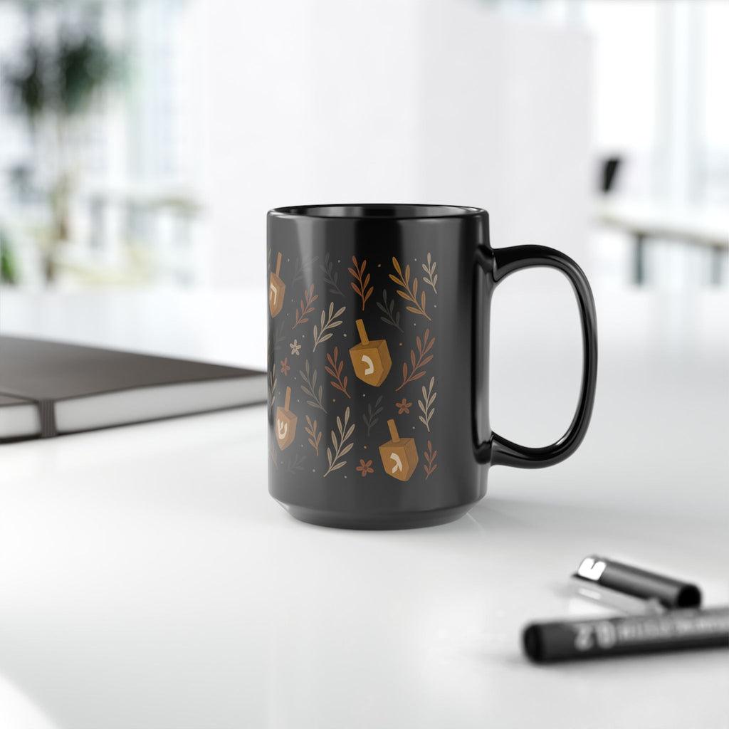 Jewish Dreidel Floral Mug Black Hanukkah Coffee Cup, 11oz or 15oz Ceramic Tea Mug Gift for Jewish Women