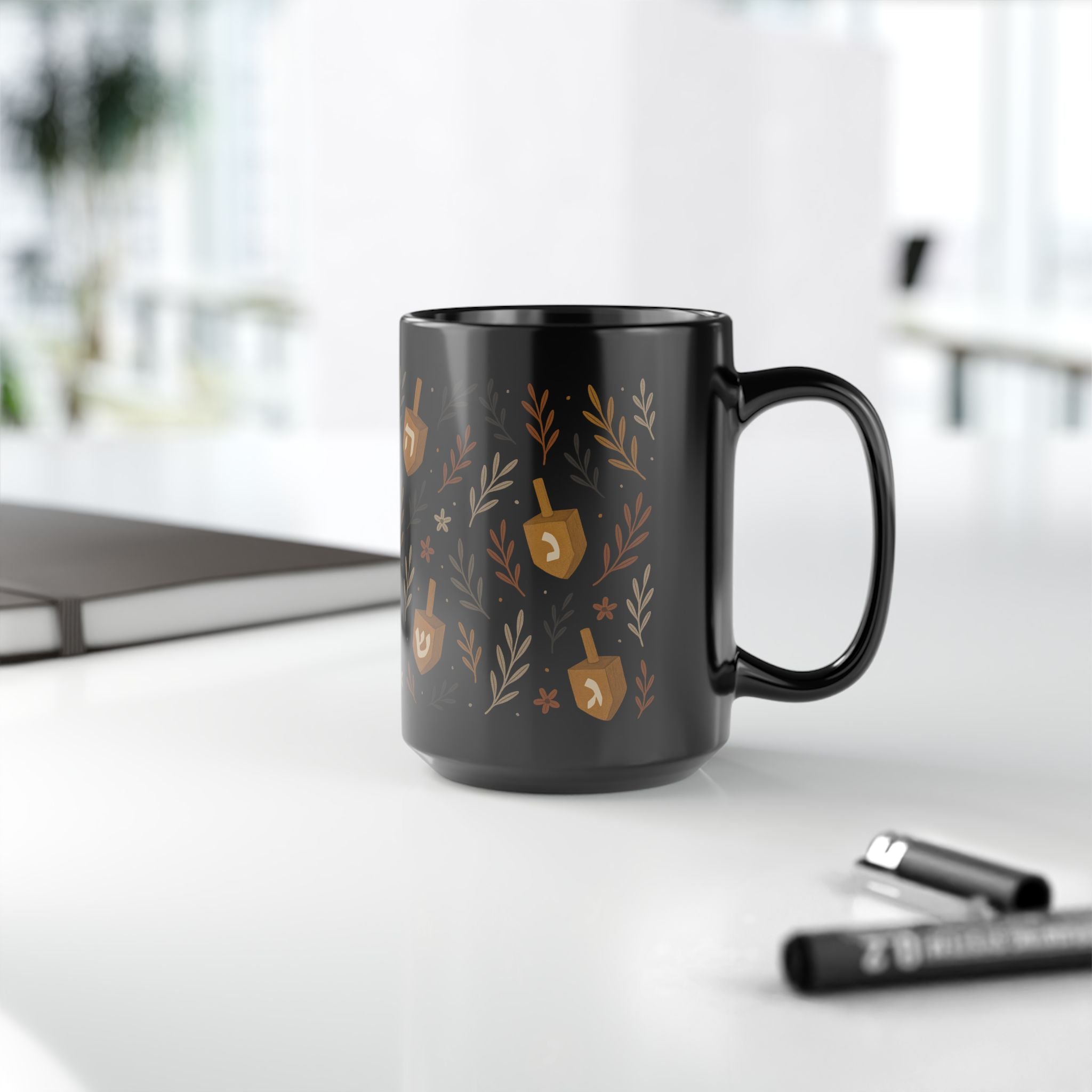 Jewish Dreidel Floral Mug Black Hanukkah Coffee Cup, 11oz or 15oz Ceramic Tea Mug Gift for Jewish Women