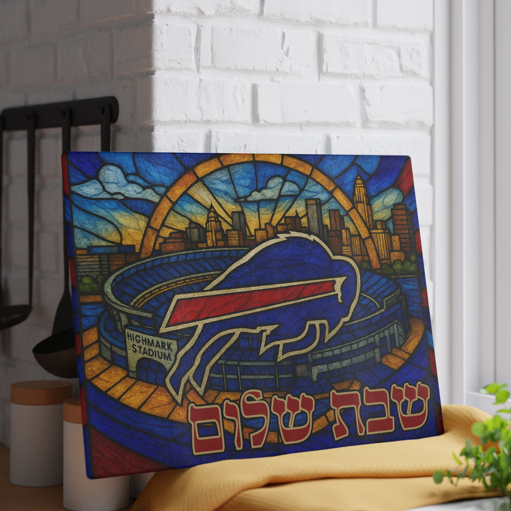 Buffalo Bills Challah Board Stained Glass Shabbat Tray, Tempered Glass Judaica with Stadium Skyline, Jewish Football Gift