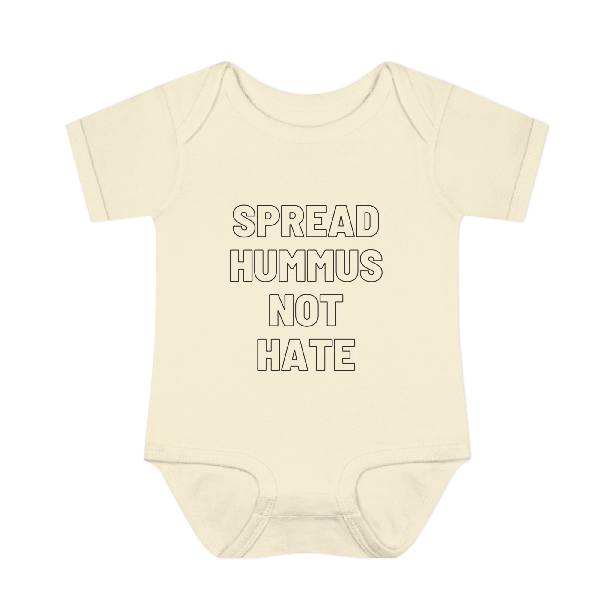 Spread Hummus Not Hate Baby Onesie Funny Jewish Infant Bodysuit, Foodie Humor Baby Shower Gift
