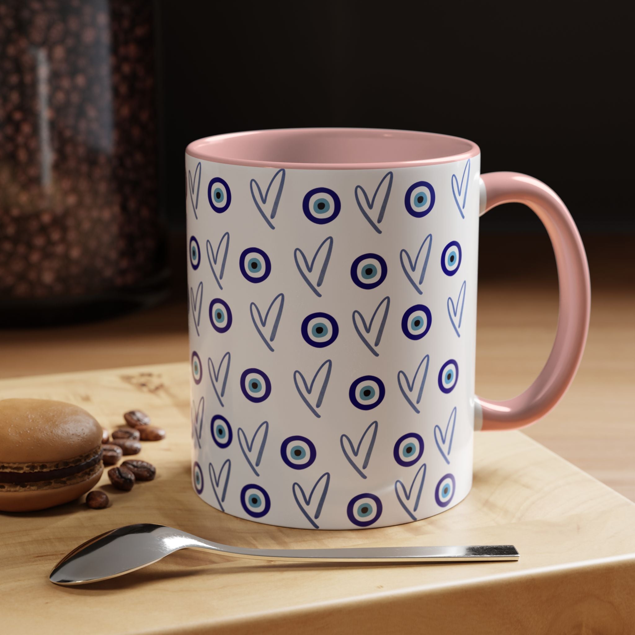 Evil Eye Heart Coffee Mug, Blue Ceramic Tea Cup, Jewish Kitchen Gift, Modern Judaica Drinkware, 11oz 15oz