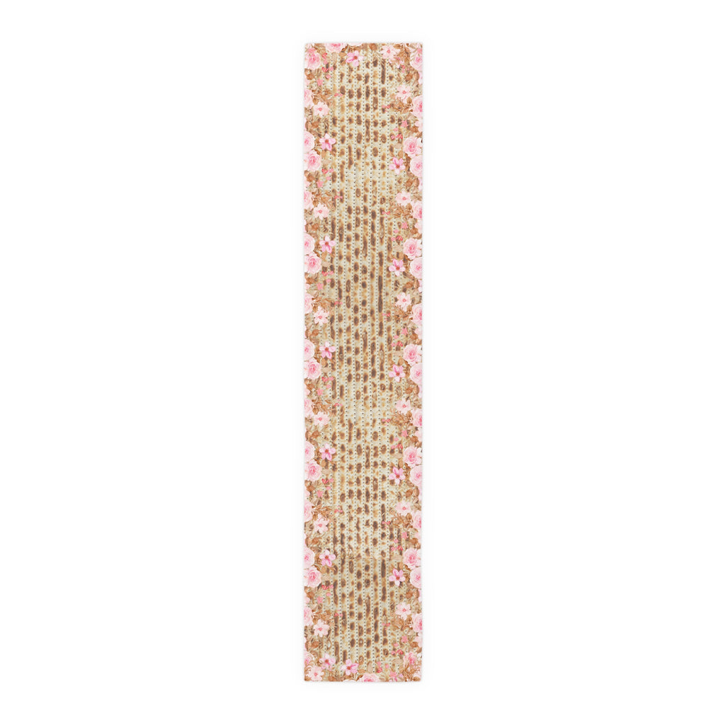 Passover Table Runner Matzah Pink Flowers 16x72 or 16x90 Cotton or Polyester, Pesach Seder Judaica Table Decor