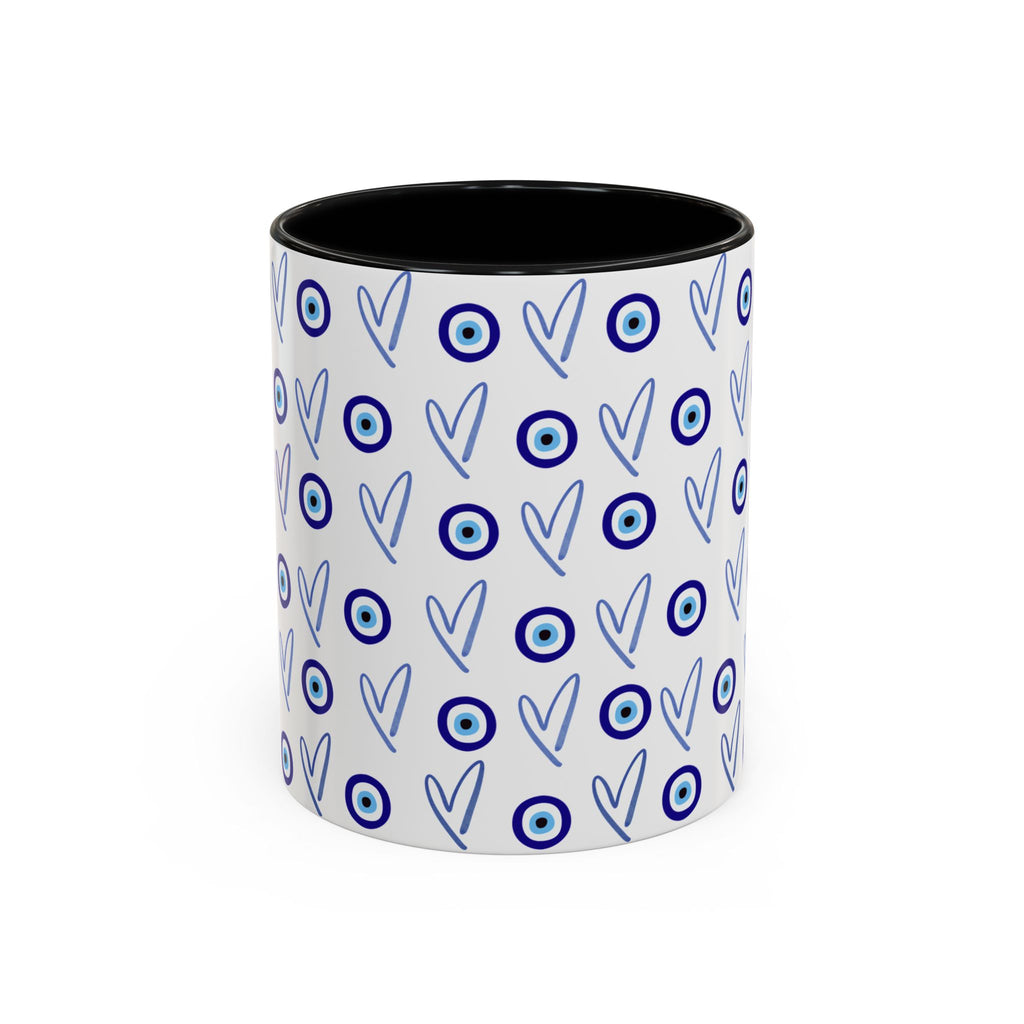 Evil Eye Heart Coffee Mug, Blue Ceramic Tea Cup, Jewish Kitchen Gift, Modern Judaica Drinkware, 11oz 15oz