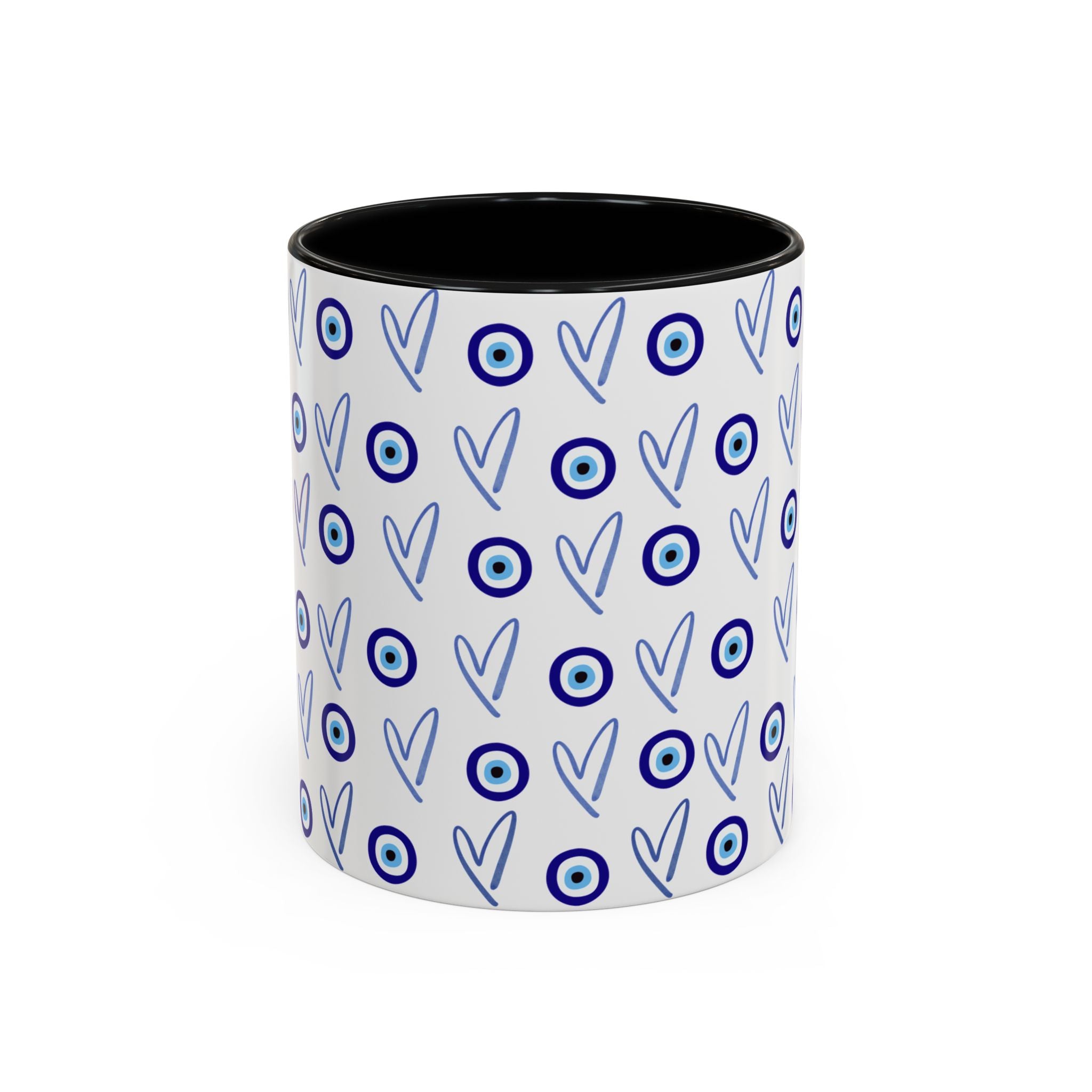 Evil Eye Heart Coffee Mug, Blue Ceramic Tea Cup, Jewish Kitchen Gift, Modern Judaica Drinkware, 11oz 15oz