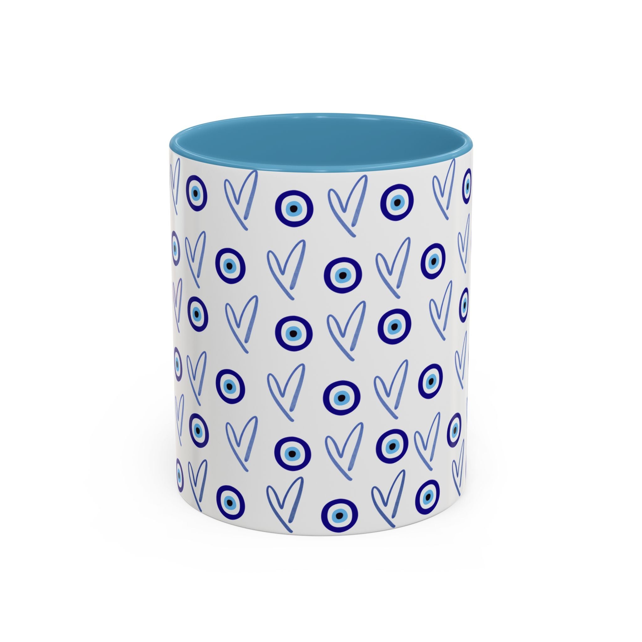 Evil Eye Heart Coffee Mug, Blue Ceramic Tea Cup, Jewish Kitchen Gift, Modern Judaica Drinkware, 11oz 15oz