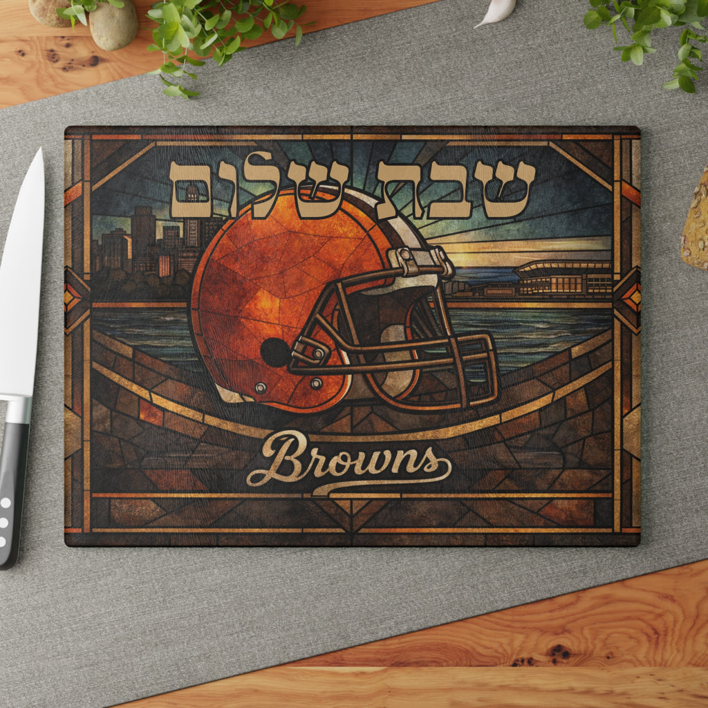 Cleveland Browns Challah Board Stained Glass Style | 15x11 Tempered Glass Shabbat Serving Tray | Jewish Football Fan Gift